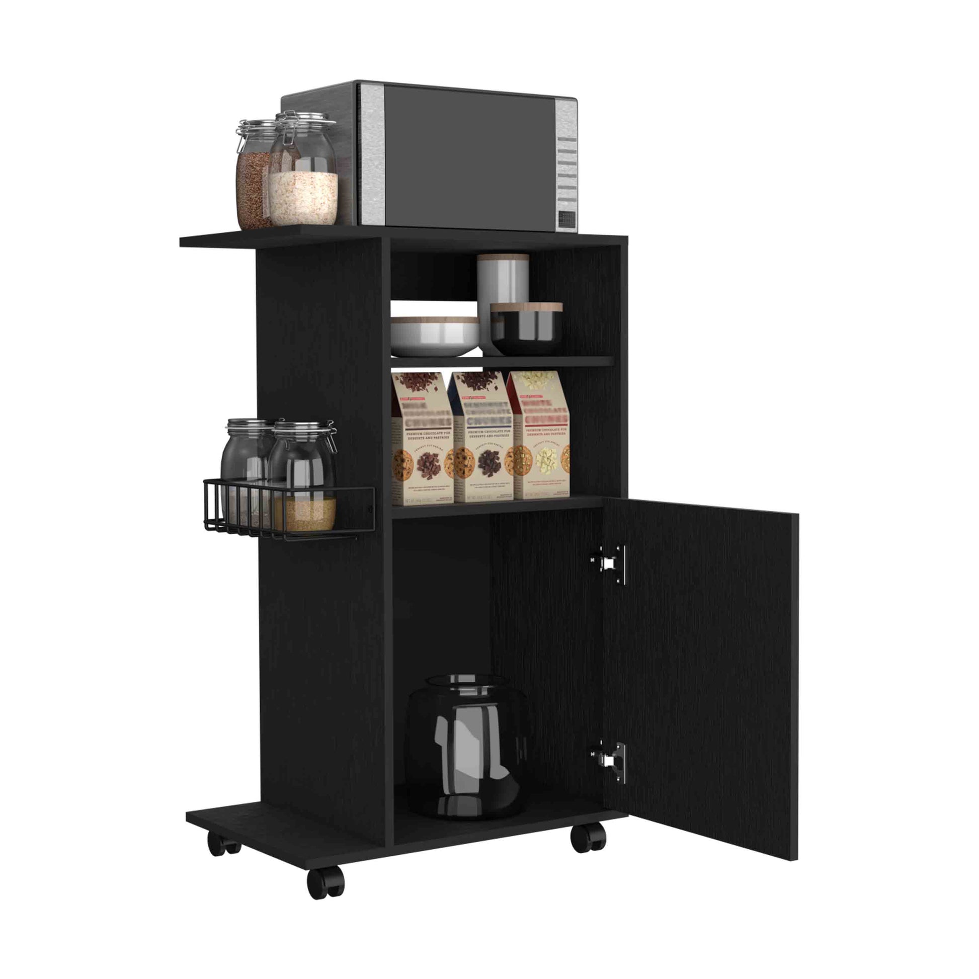 Black kitchen cart with microwave and pantry items