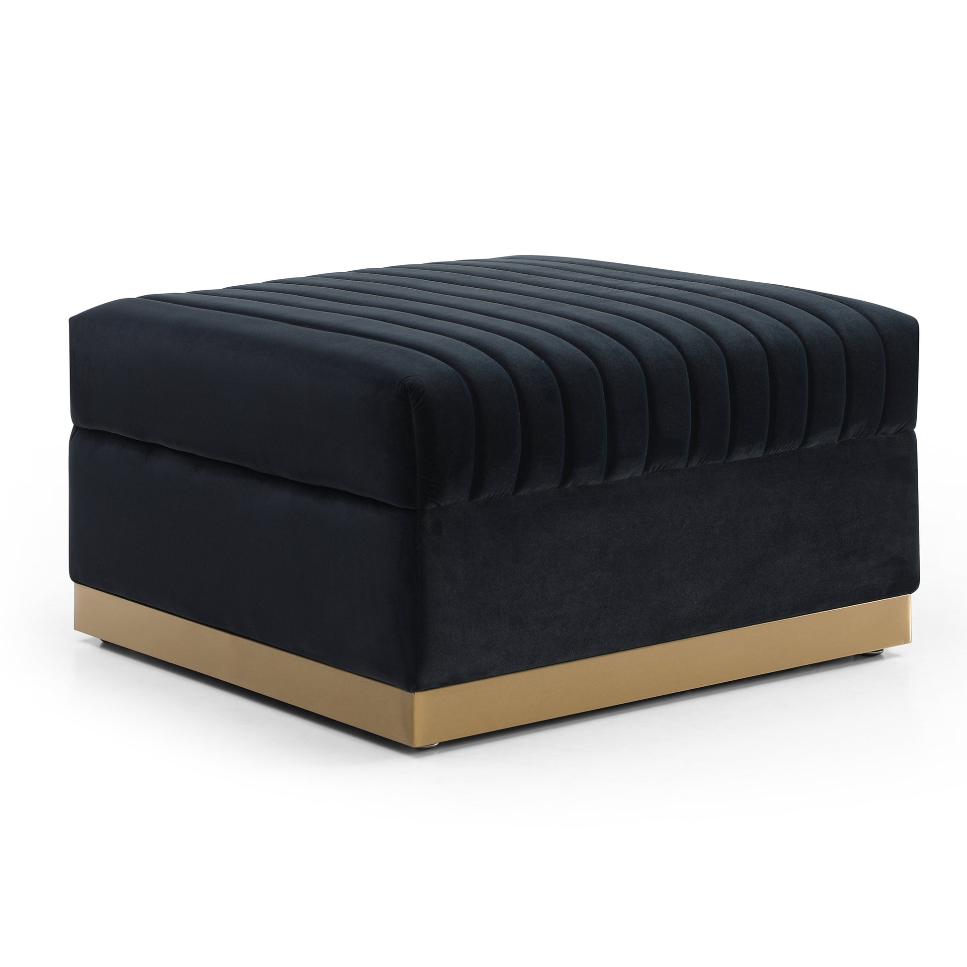 Black velvet ottoman with channel tufting and gold base