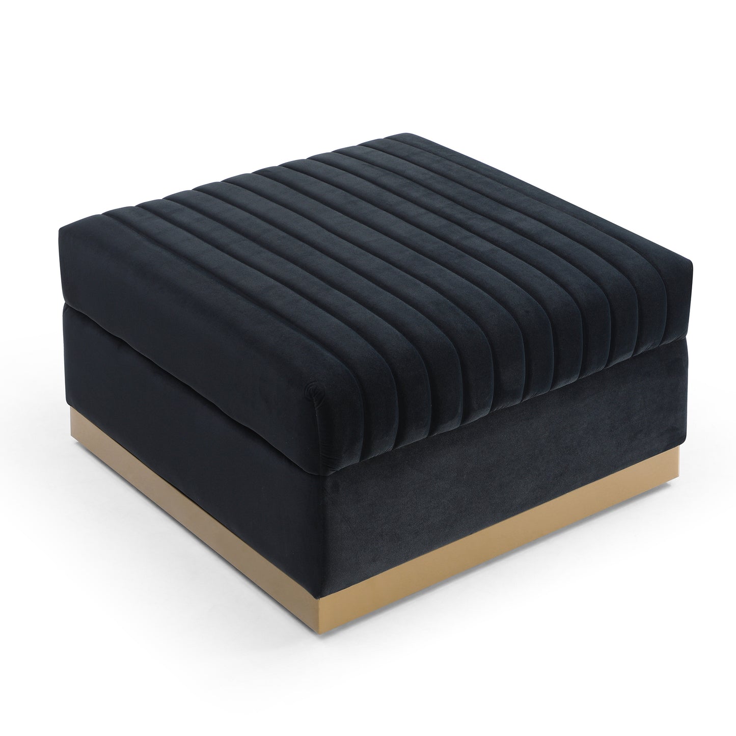 Plush black velvet storage ottoman with channel tufting and a gold metal base