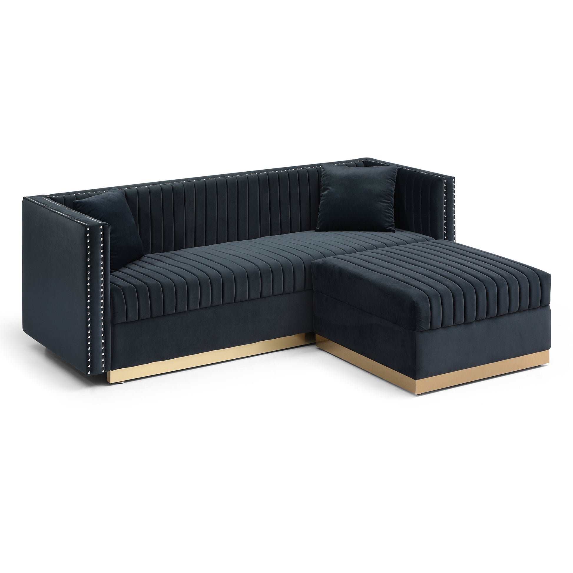 Dark gray velvet sectional sofa with gold accents and silver nailhead trim perfect for modern living rooms