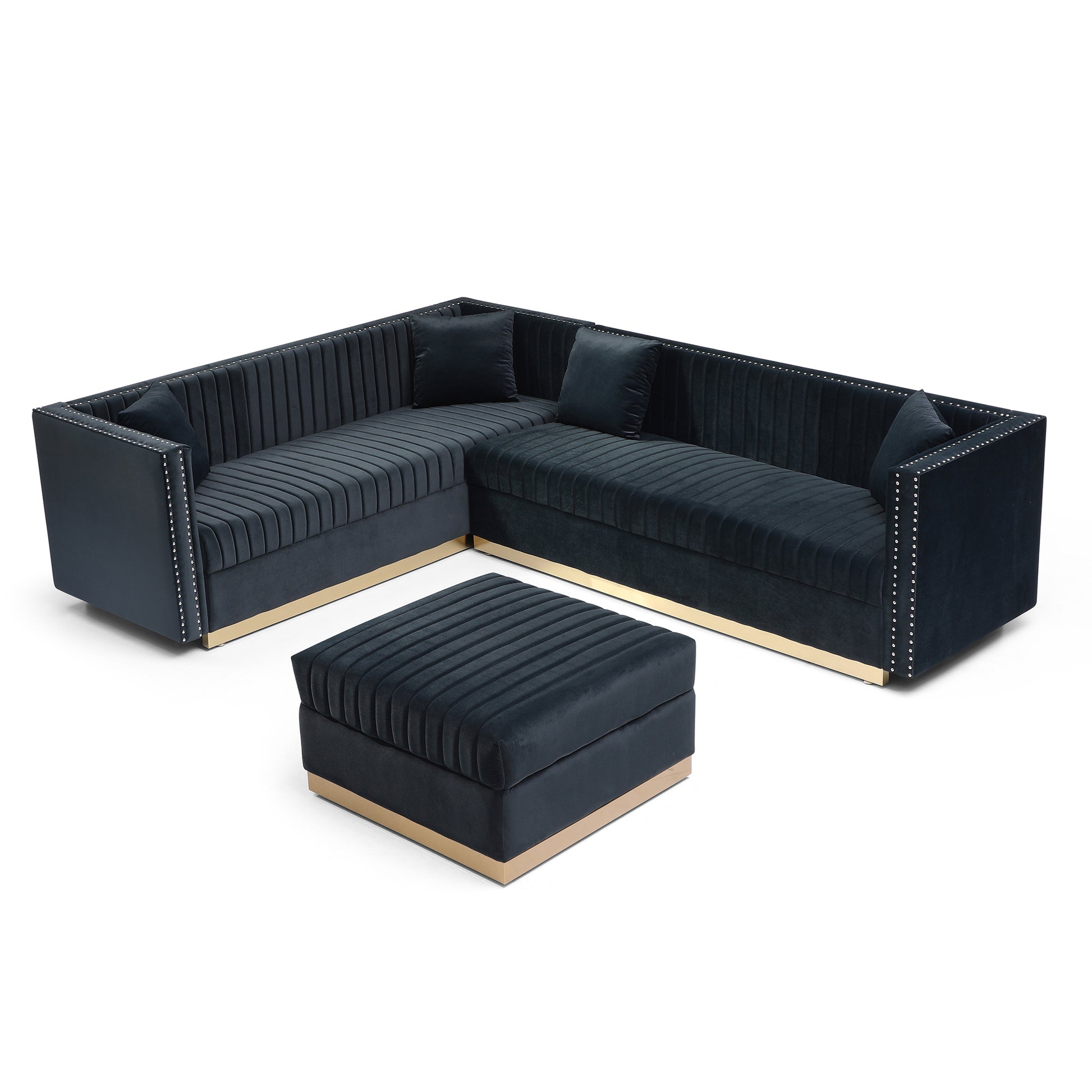 Dark blue velvet sectional sofa with gold trim and tufted ottoman