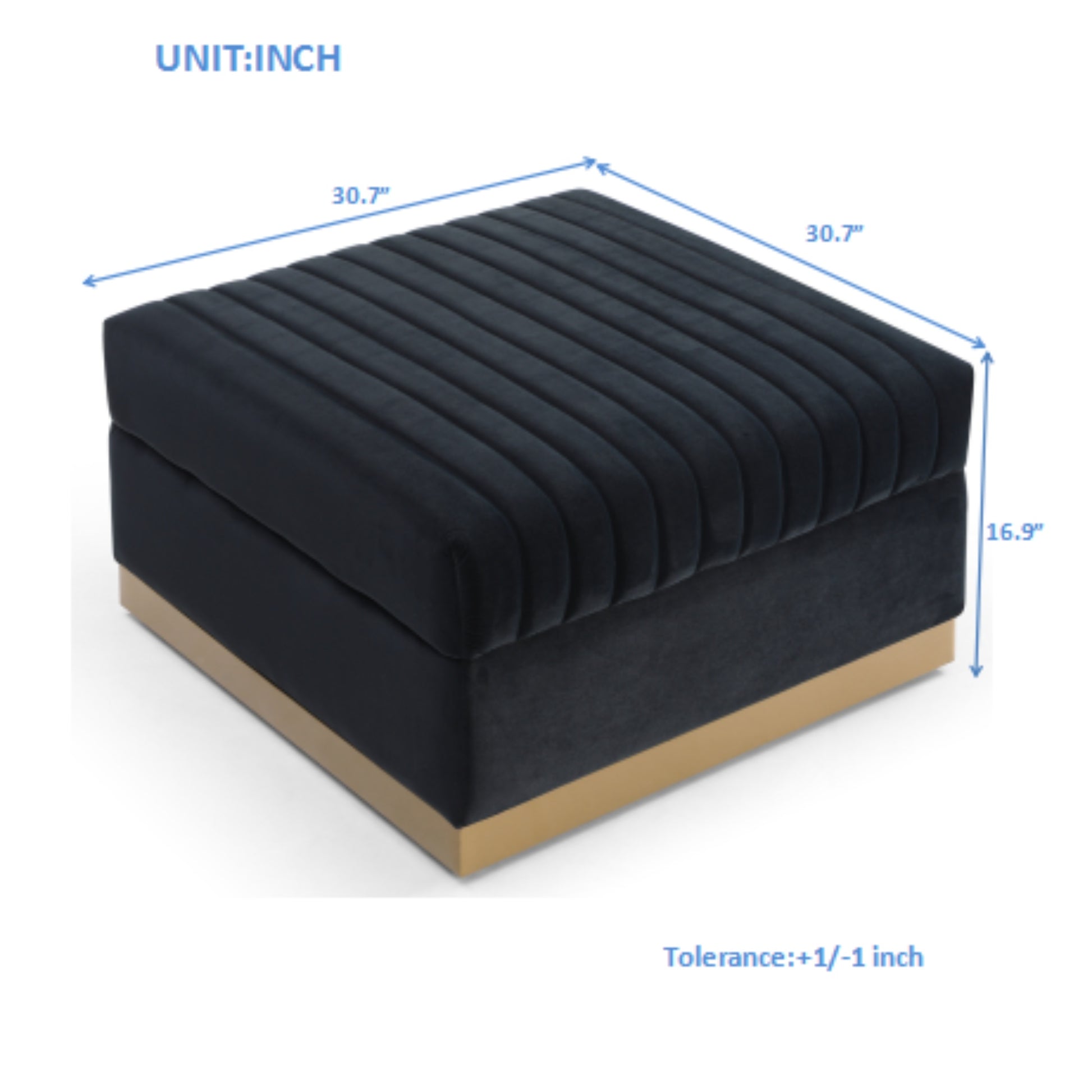 Plush navy velvet ottoman with vertical channel tufting and gold metal base