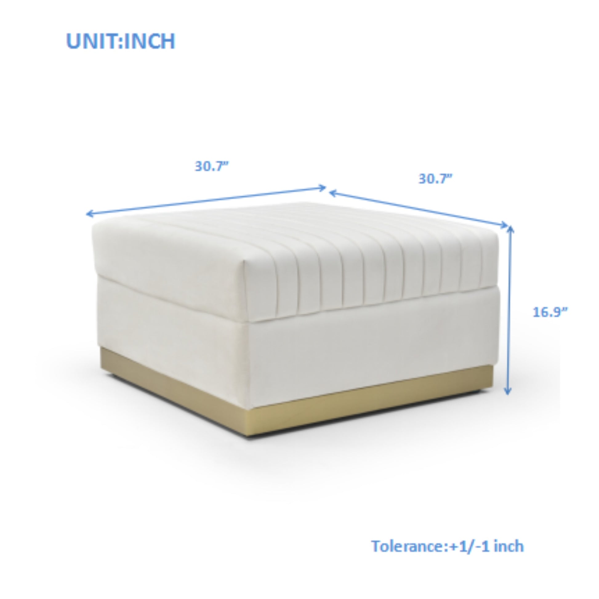 Plush cream velvet square ottoman with gold base and tufted top  x  x  inches