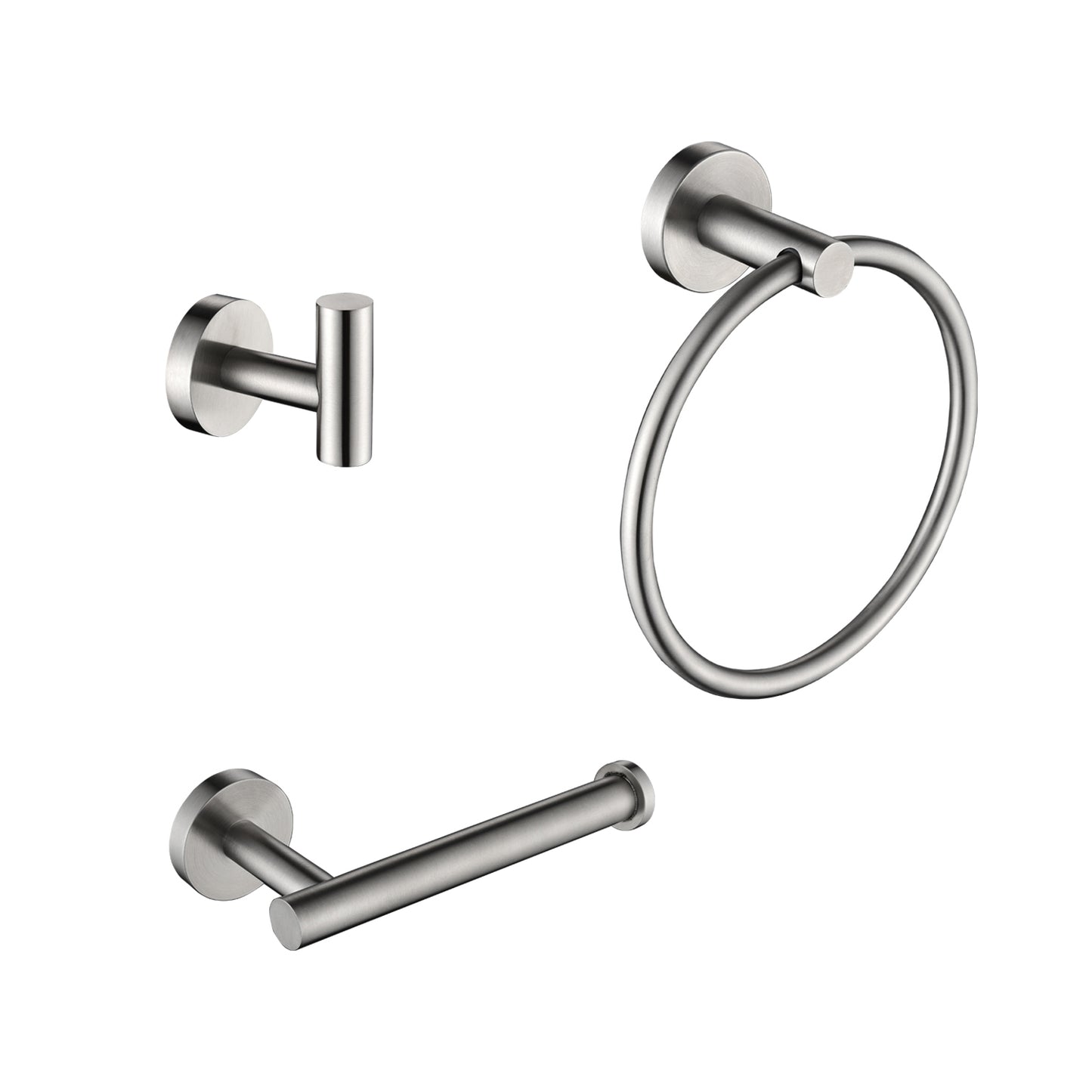 Brushed nickel towel ring with modern cylindrical base  characters
