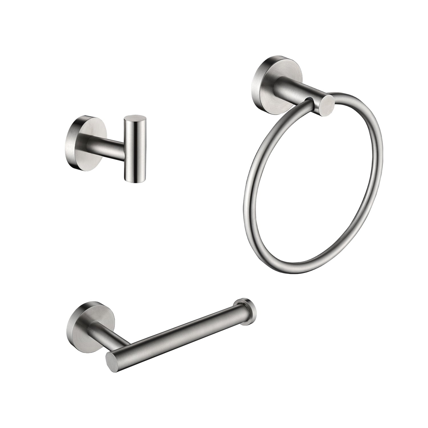 Brushed nickel towel ring with modern cylindrical base  characters