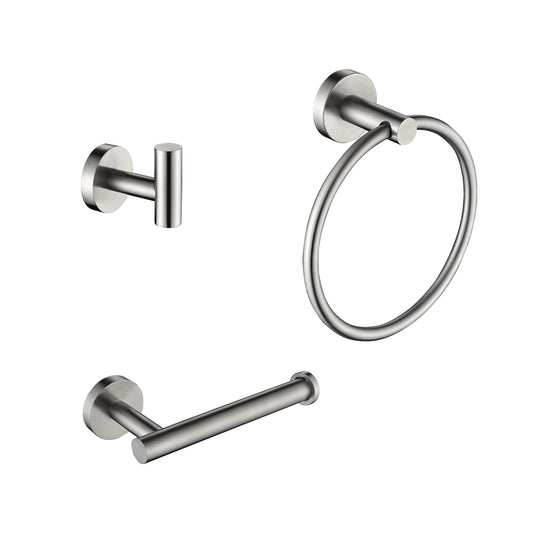 Brushed nickel towel ring with modern cylindrical base  characters