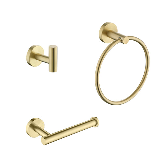 Brushed gold towel ring and toilet paper holder set with minimalist design