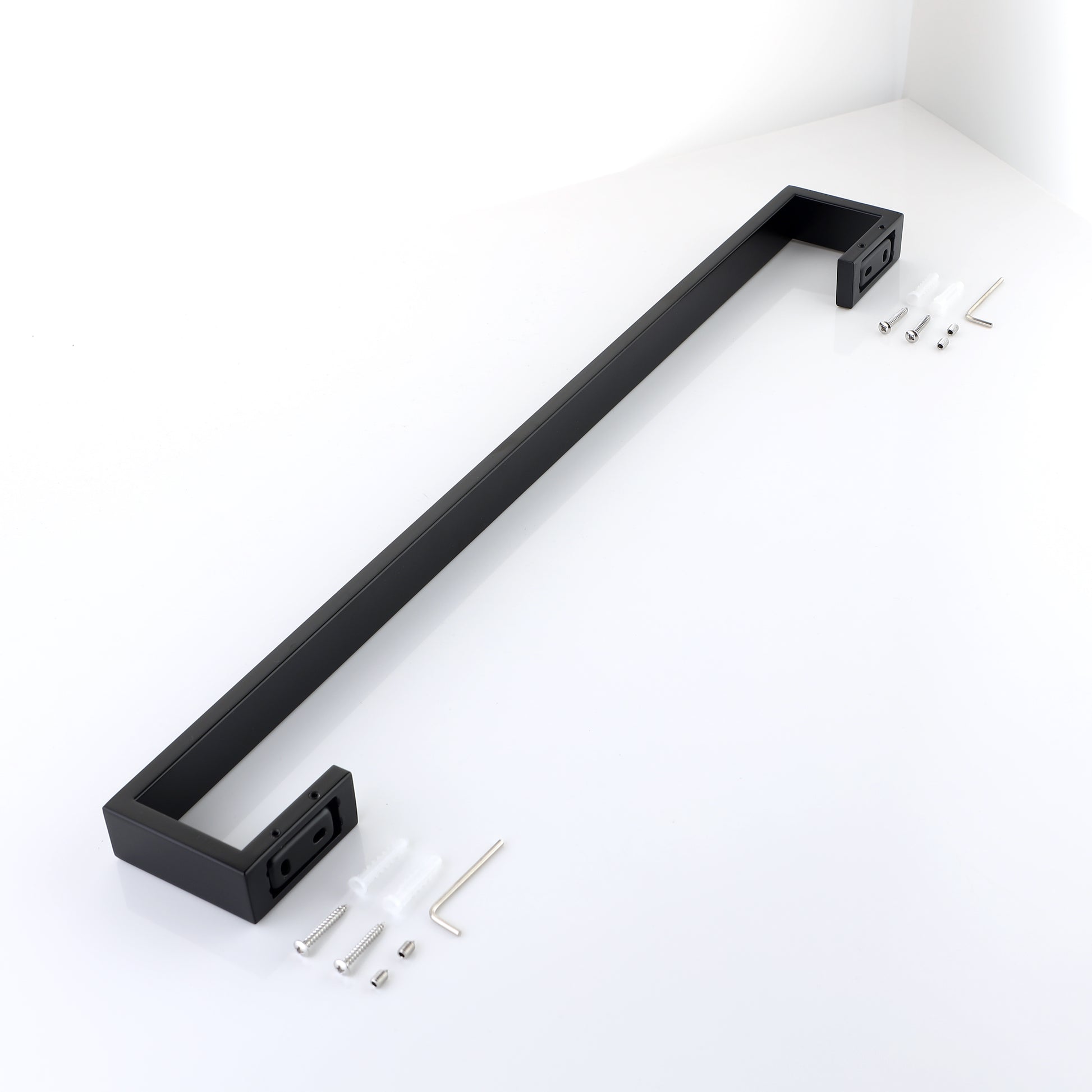 Modern black square towel bar with mounting hardware included