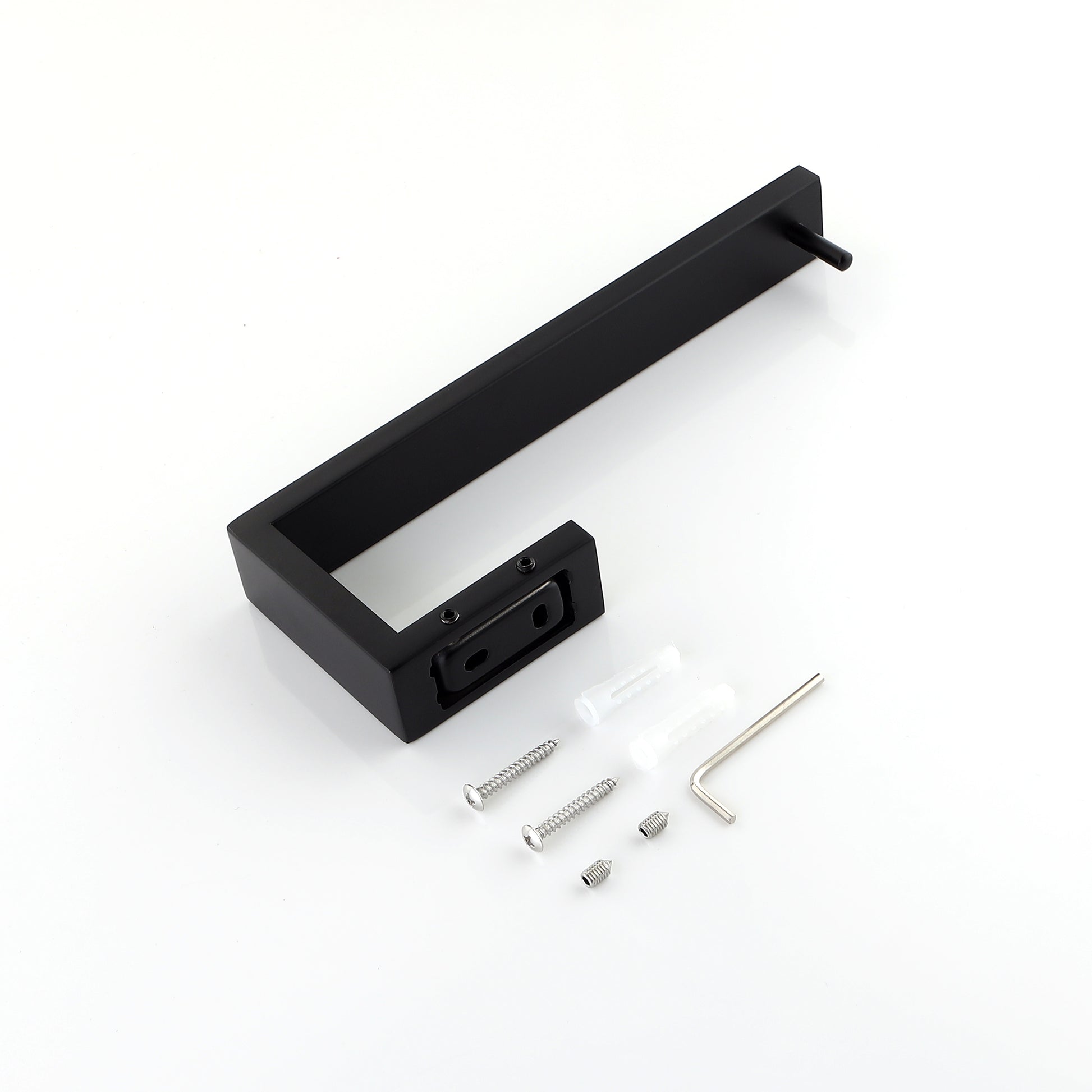 Black modern bathroom towel bar with screws and Allen key