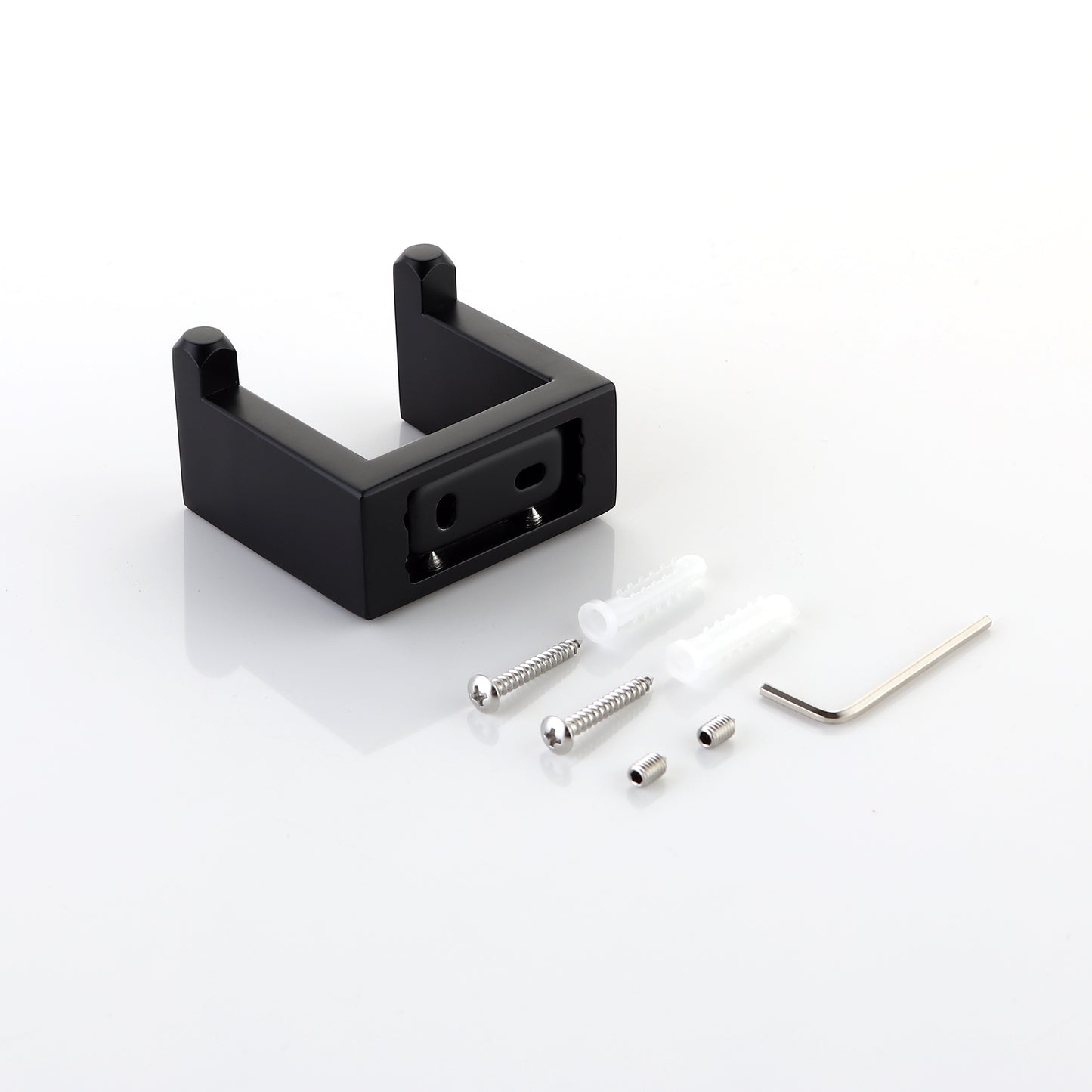 Black metal toilet paper holder with included screws and Allen key