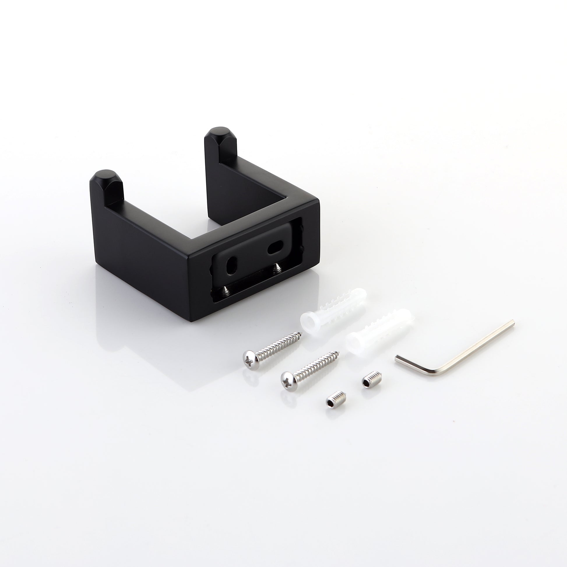 Black metal toilet paper holder with included screws and Allen key