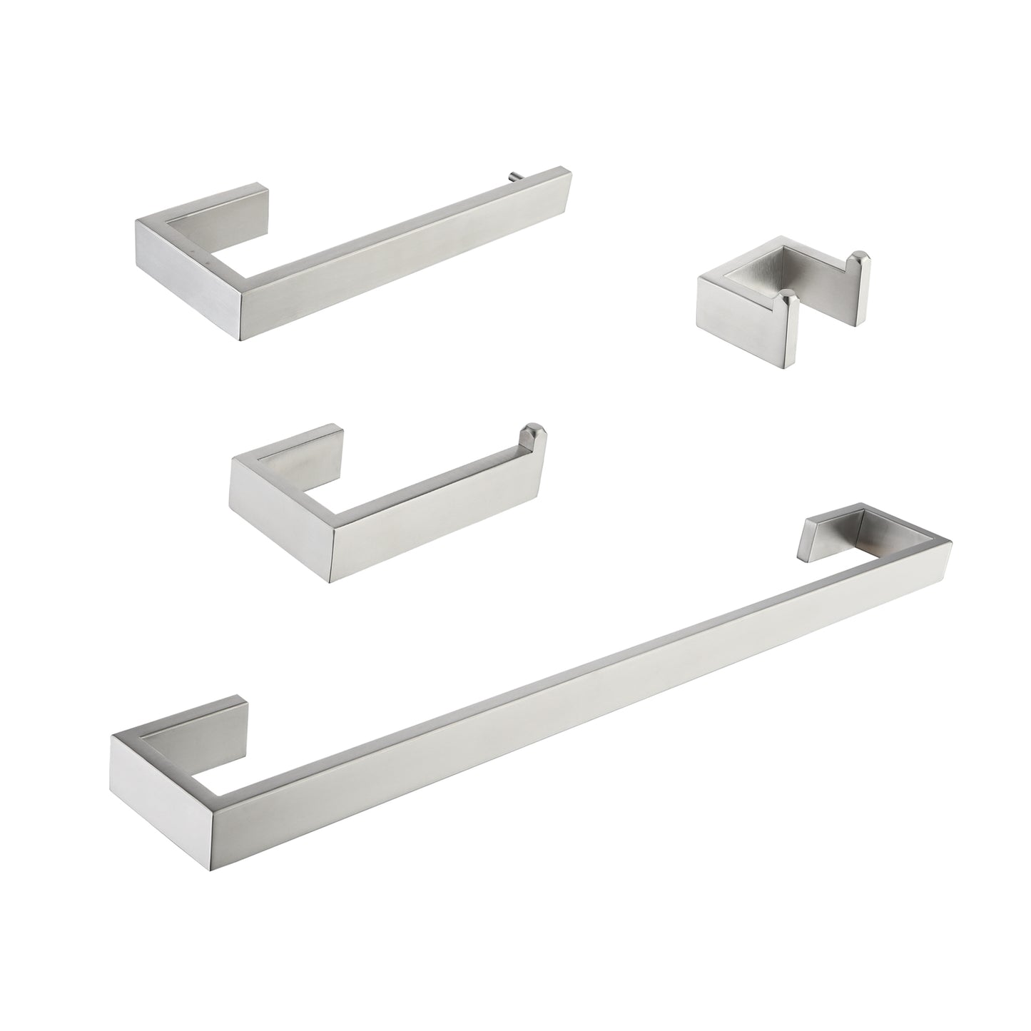 Brushed nickel towel bar with modern square design for bathroom fixtures