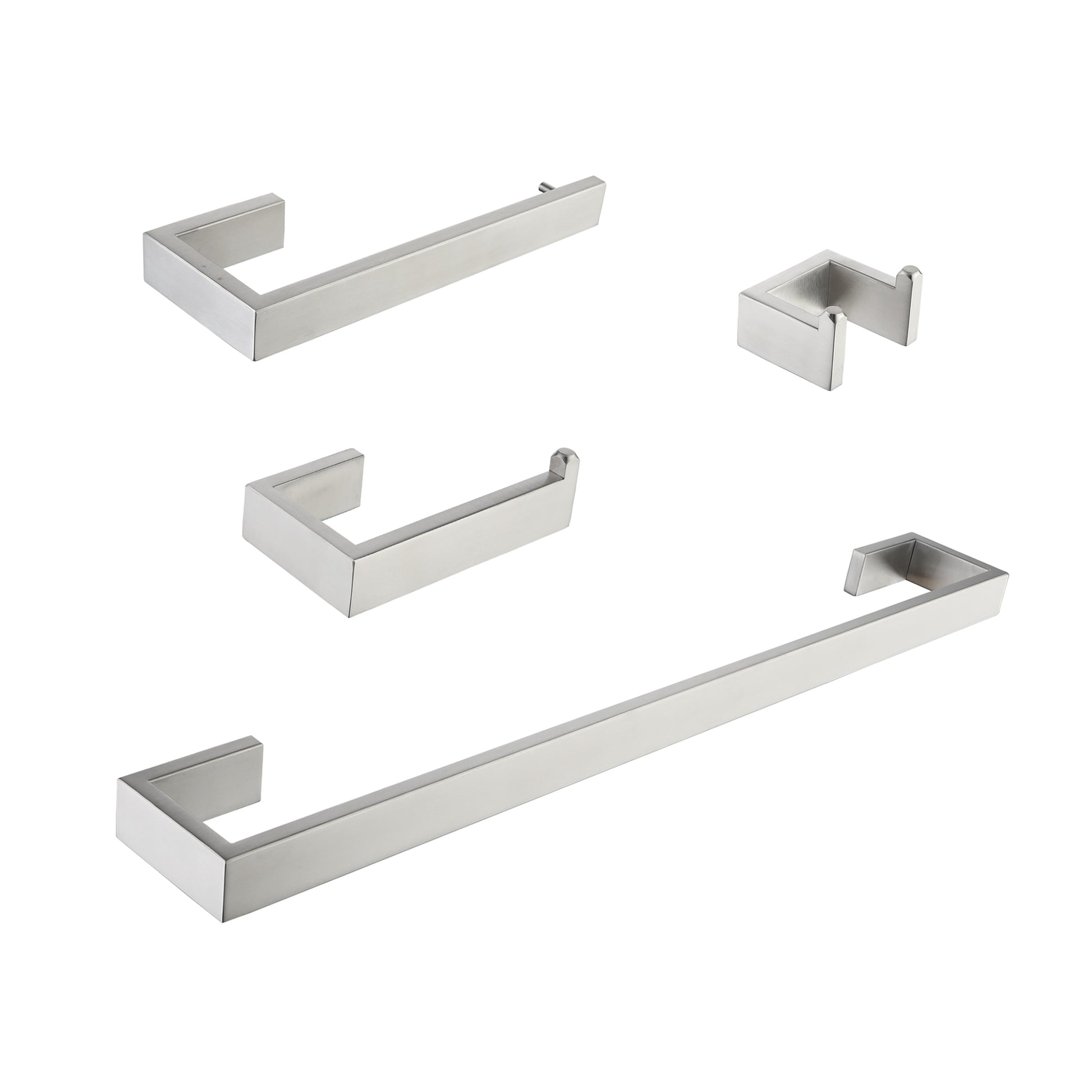 Brushed nickel towel bar with modern square design for bathroom fixtures