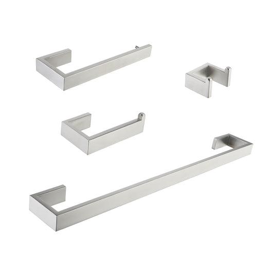 Brushed nickel towel bar with modern square design for bathroom fixtures