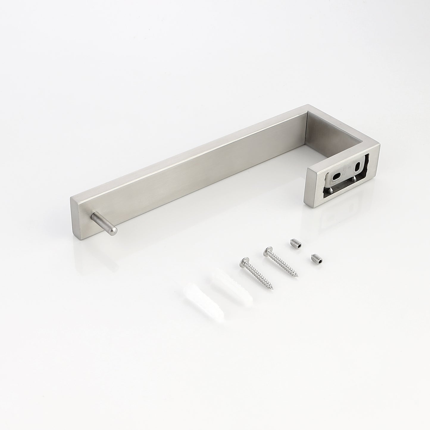 Brushed nickel toilet paper holder with modern design and mounting hardware