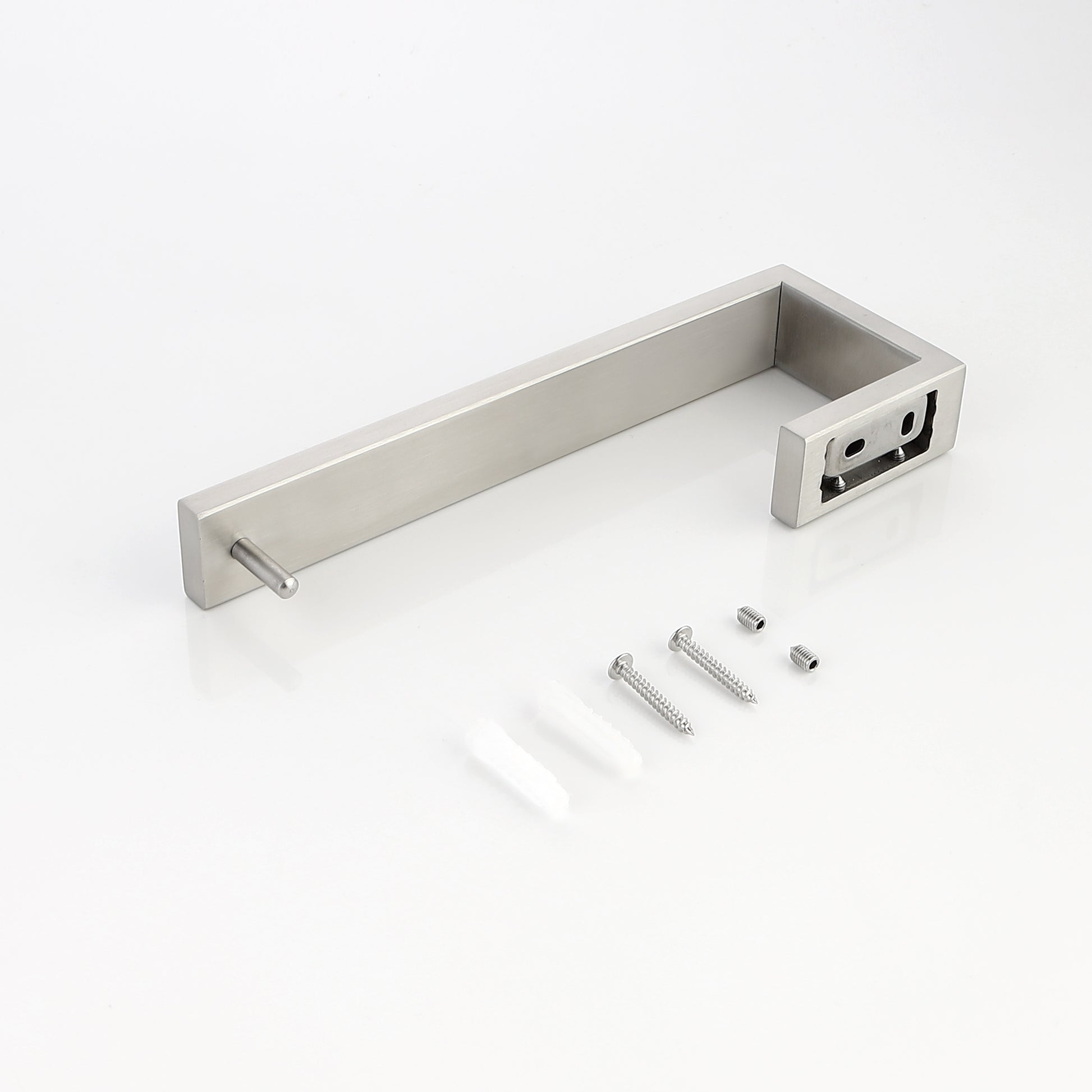 Brushed nickel toilet paper holder with modern design and mounting hardware