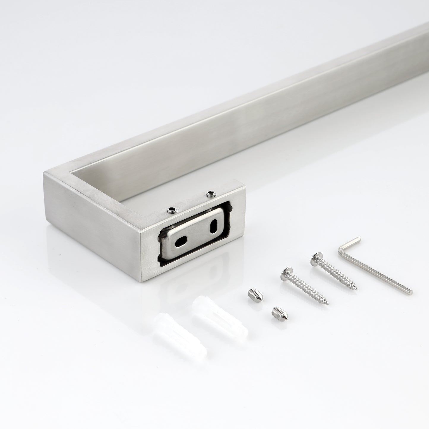 Brushed nickel towel bar with included mounting hardware screws and Allen wrench