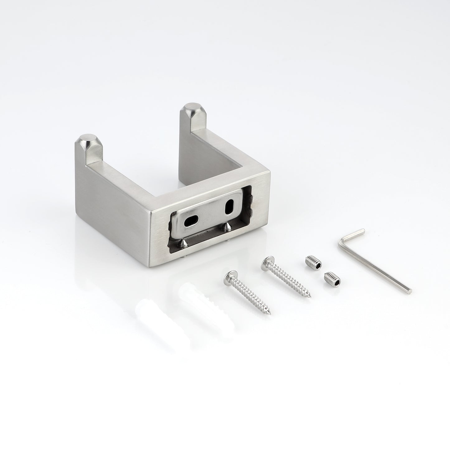 Brushed nickel toilet paper holder with mounting screws and Allen wrench