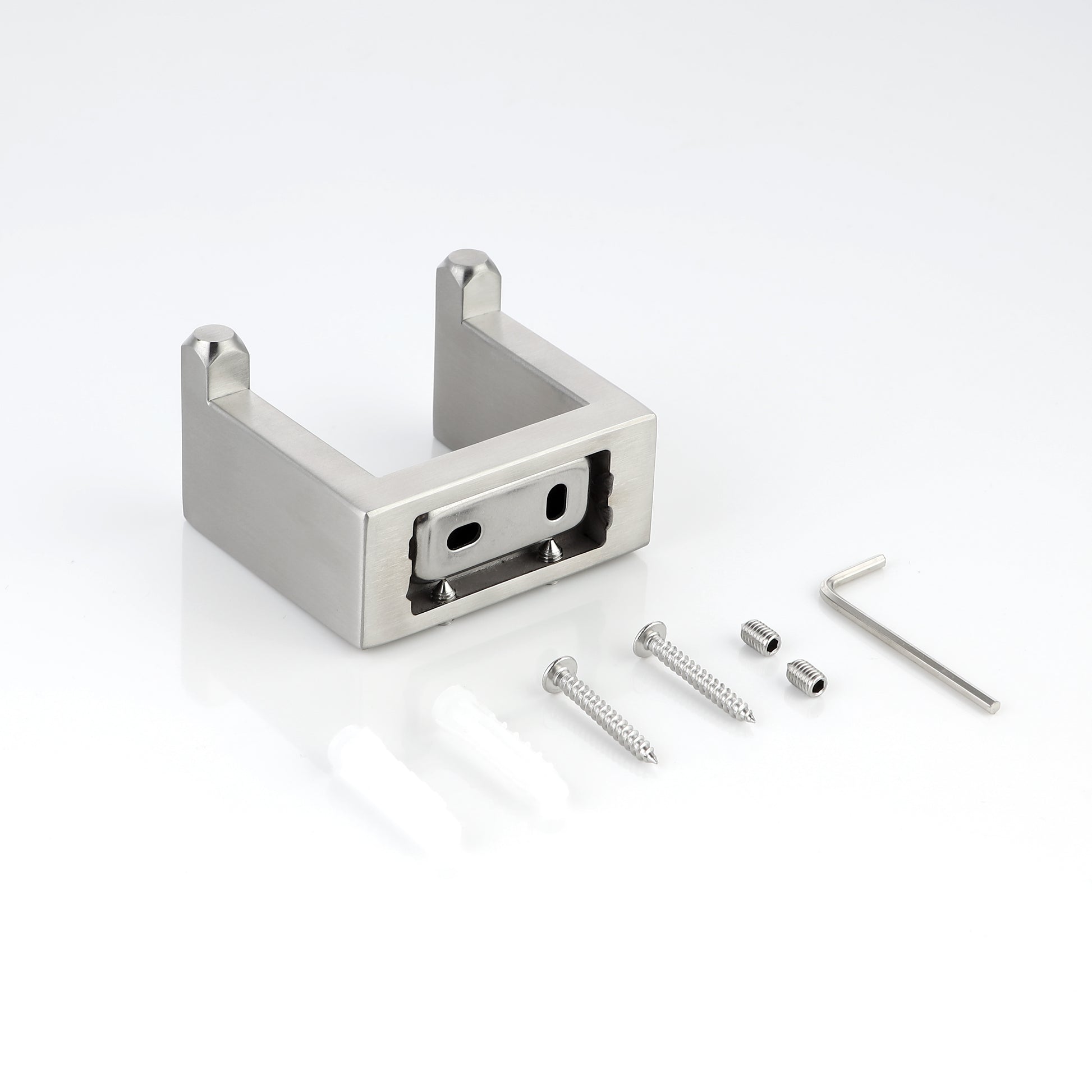 Brushed nickel toilet paper holder with mounting screws and Allen wrench