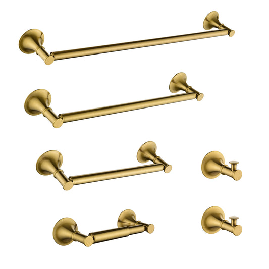 Brushed gold towel bar with flared base for modern bathroom decor