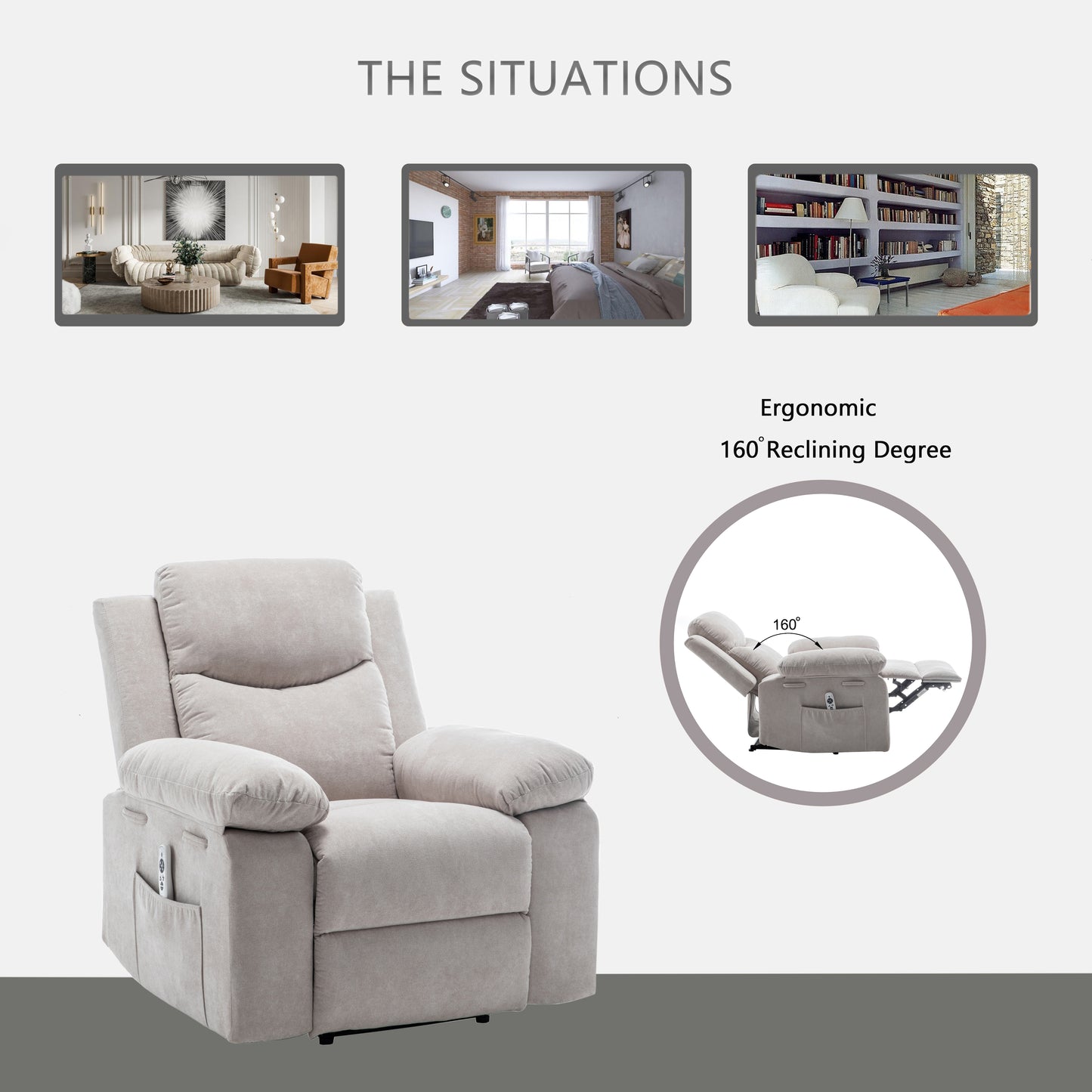 Taupe fabric recliner chair with side pocket and remote control