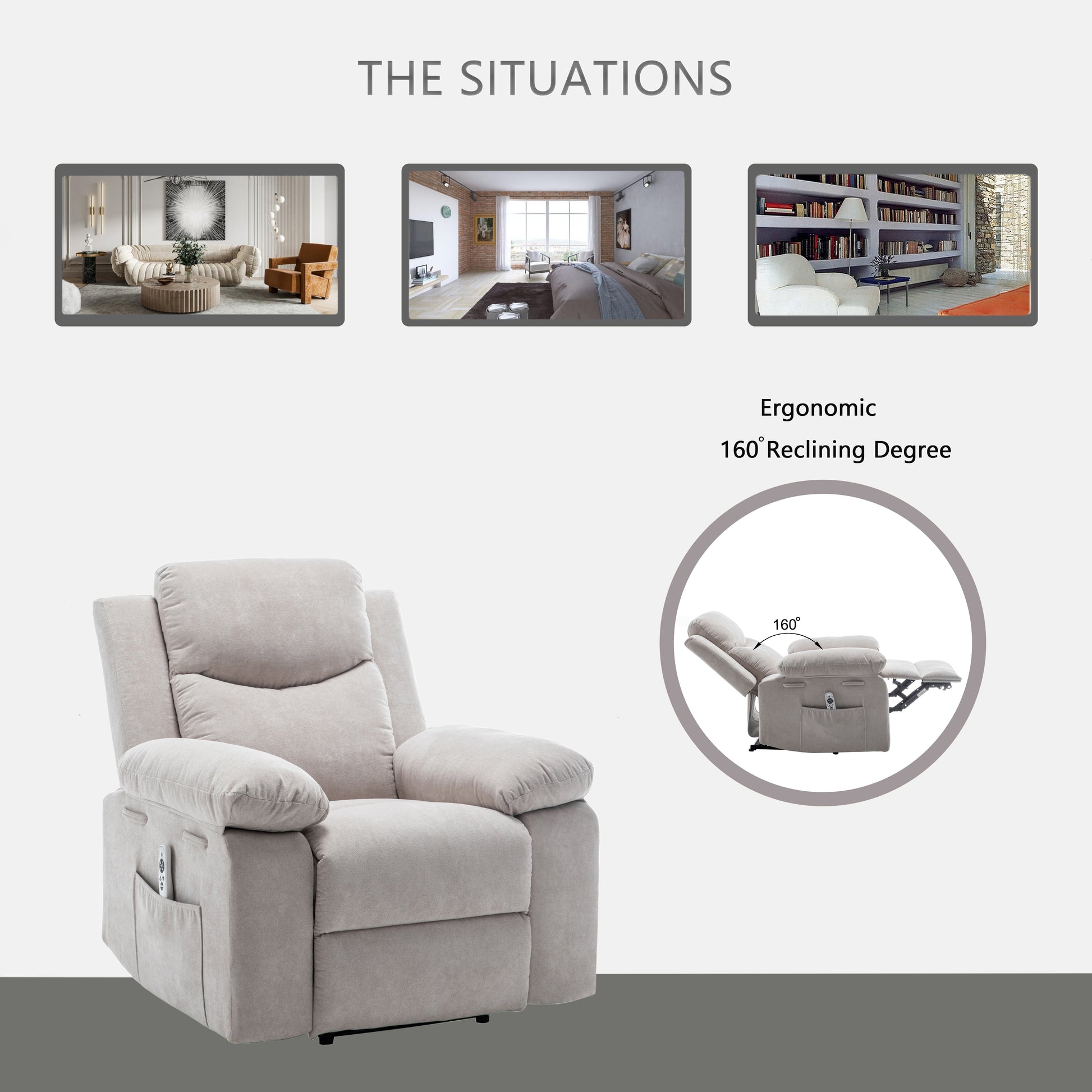 Taupe fabric recliner chair with side pocket and remote control