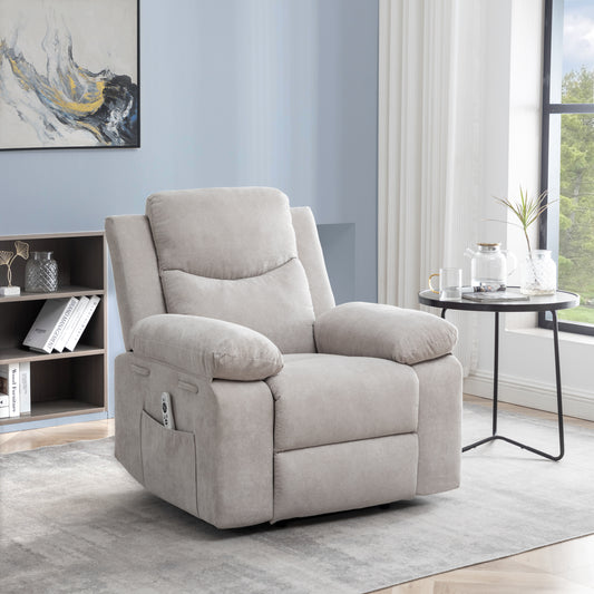 Plush beige fabric electric recliner chair with side remote and cup holder