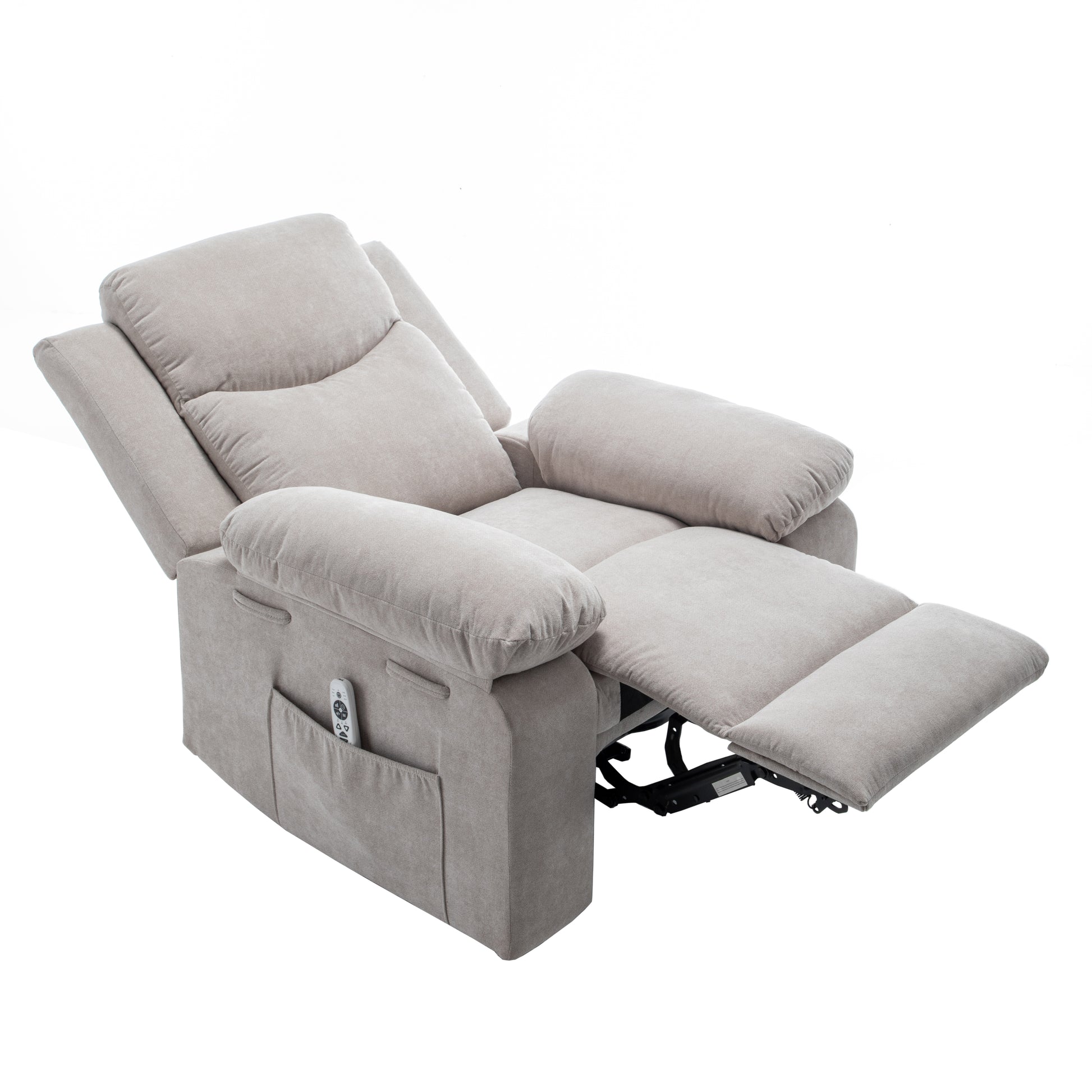 Light beige fabric power recliner with extended footrest and side pocket
