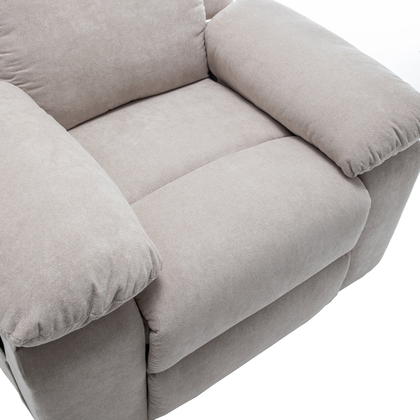 Closeup of a plush beige fabric recliner chair with padded arms