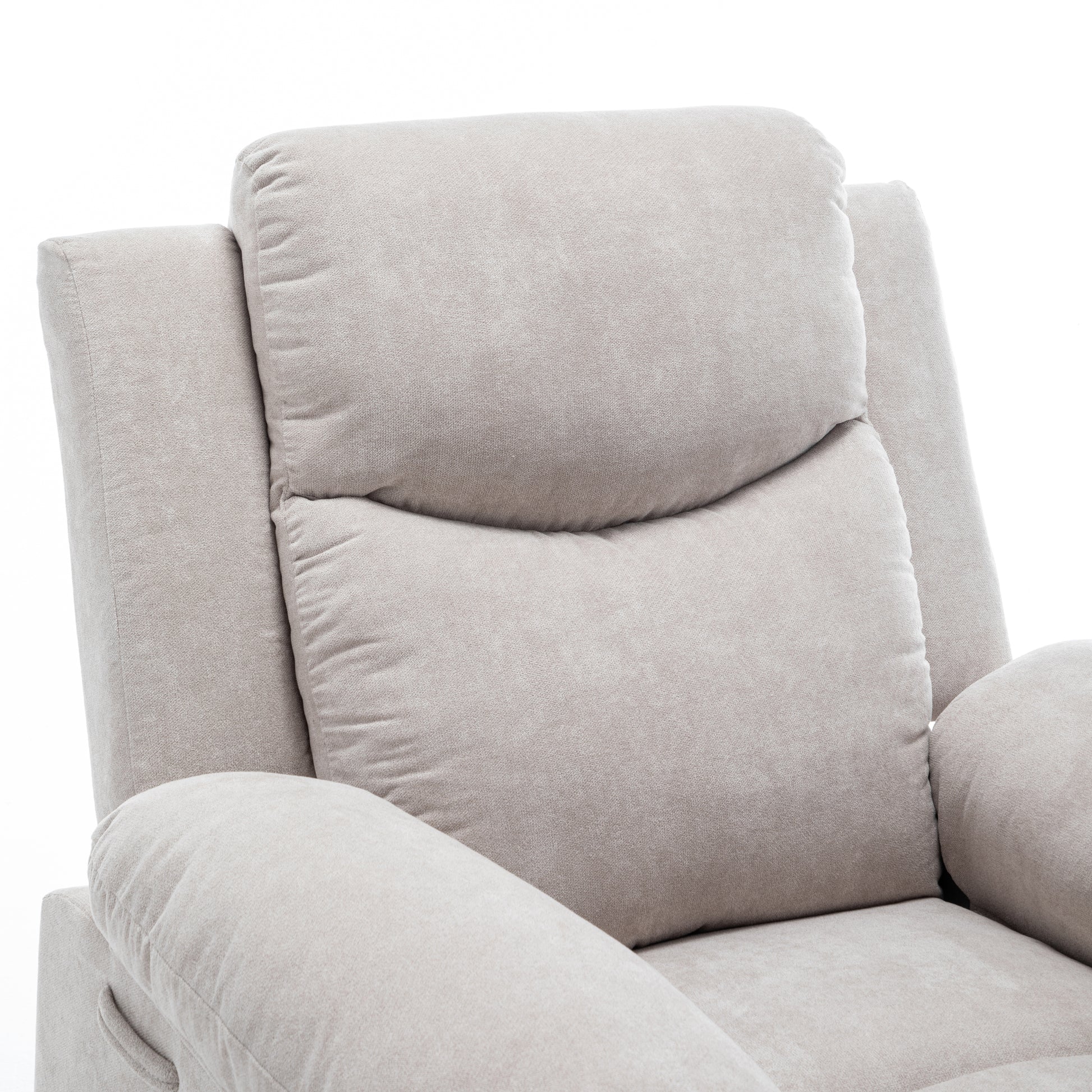 Light grey fabric recliner chair detail showing plush headrest and armrest