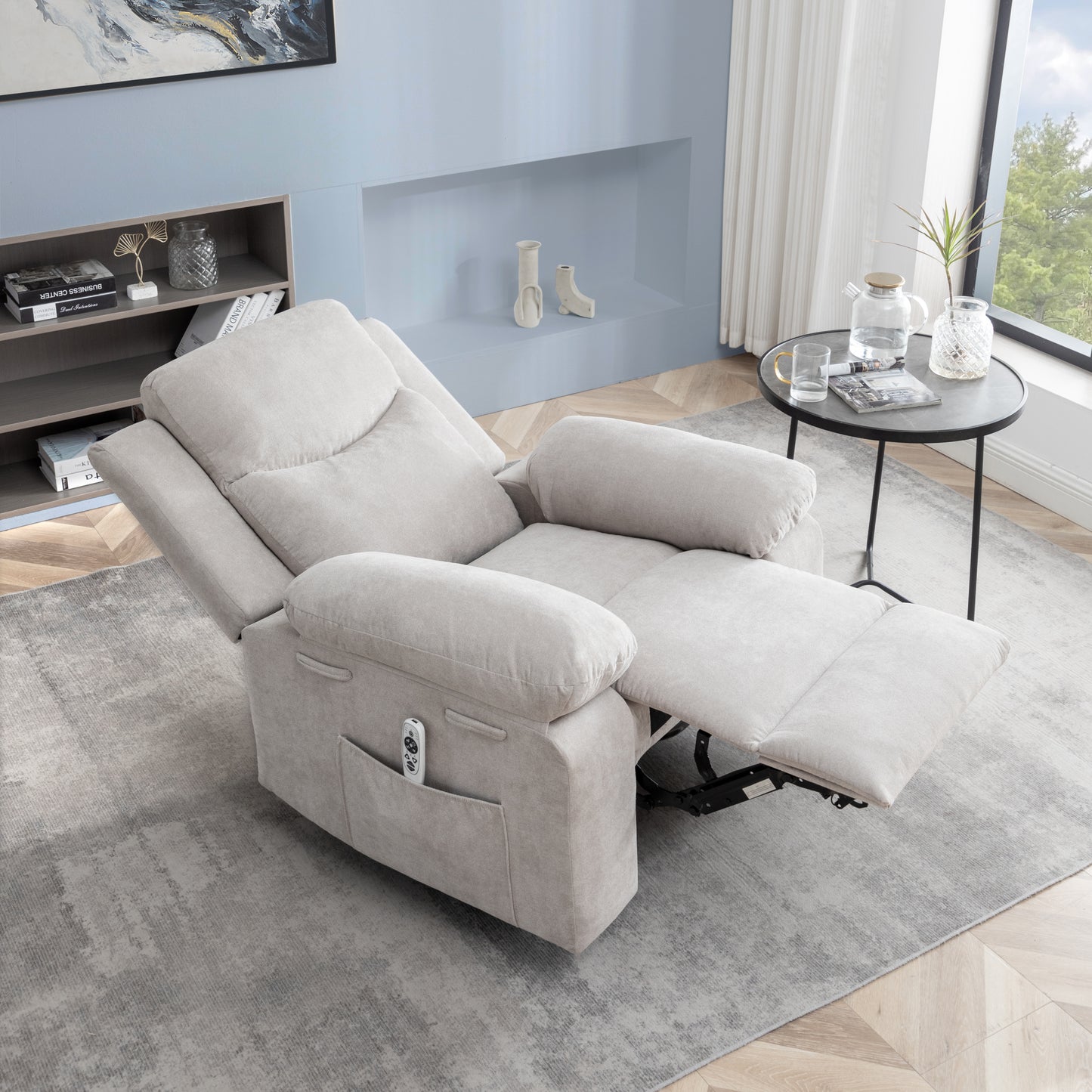 Comfortable light gray fabric recliner chair with power controls and side pocket