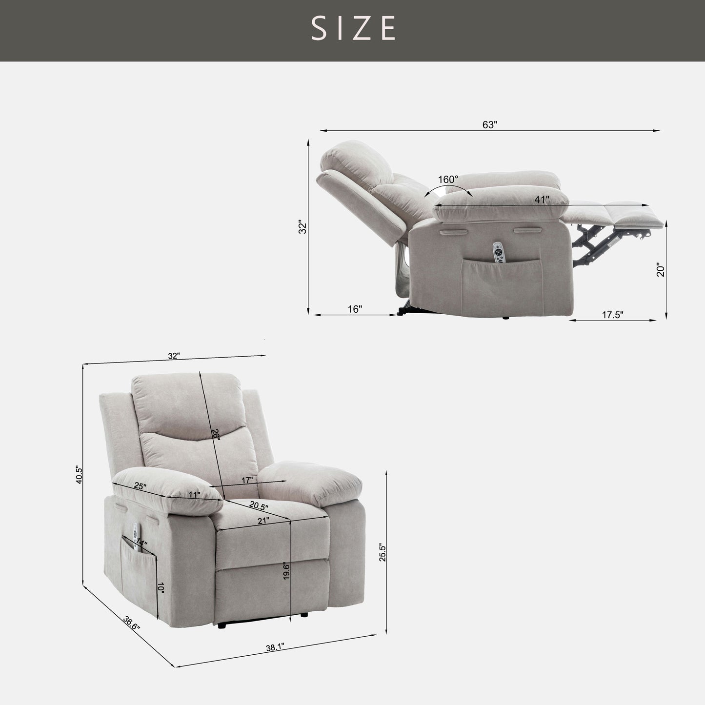 Light beige fabric recliner chair with side pocket and remote
