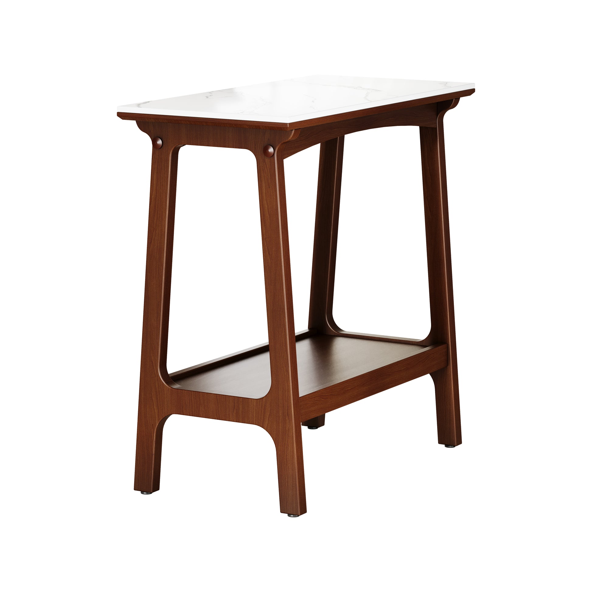 Modern walnut side table with white marble top and lower shelf