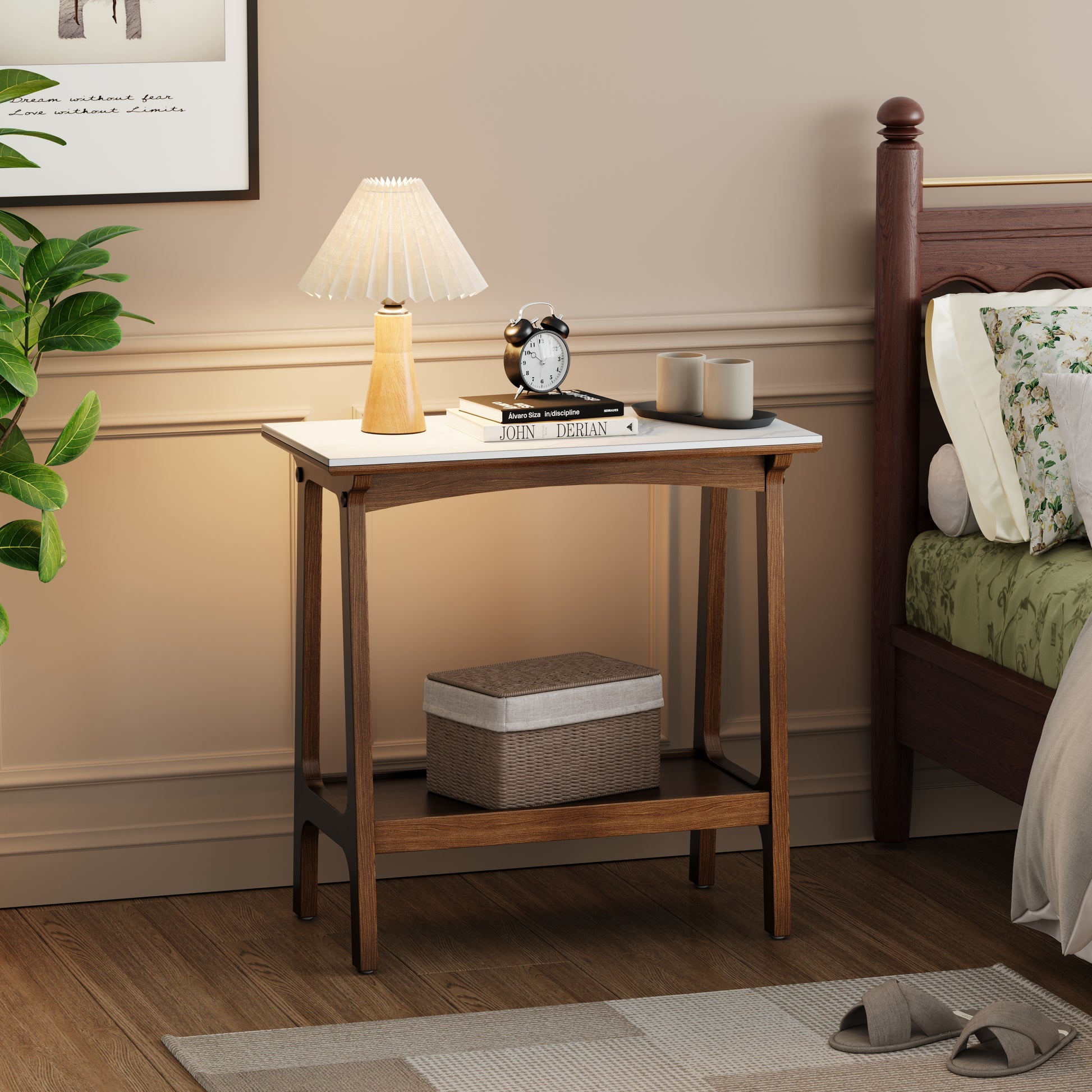 Modern wooden nightstand with white marble top ideal for bedroom decor