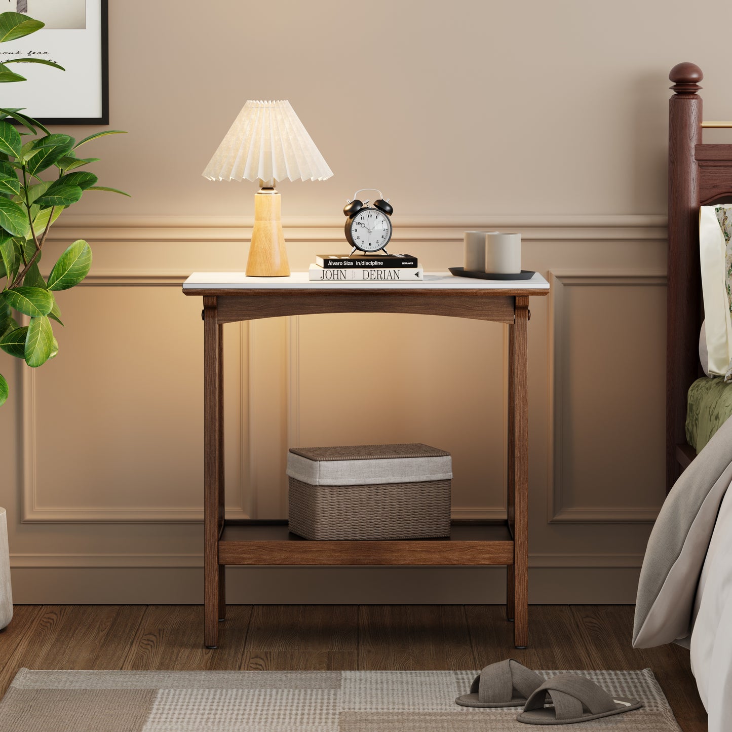 Elegant wooden side table with white marble top featuring a lamp alarm clock and books