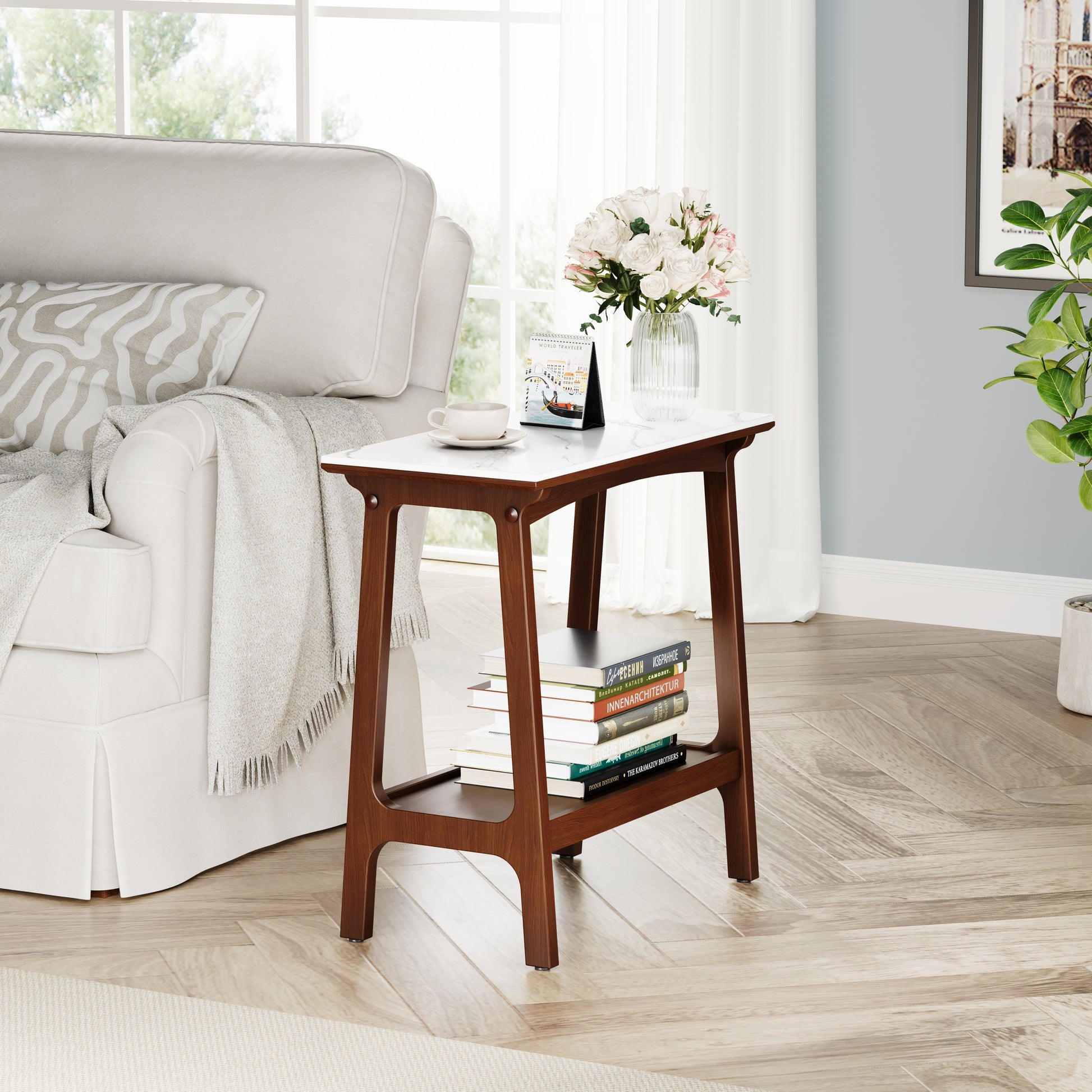 Midcentury modern side table with white marble top and dark wood frame