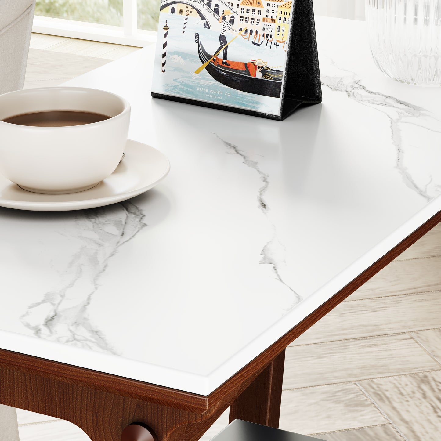 White marble coffee table with dark wood trim perfect for modern dining