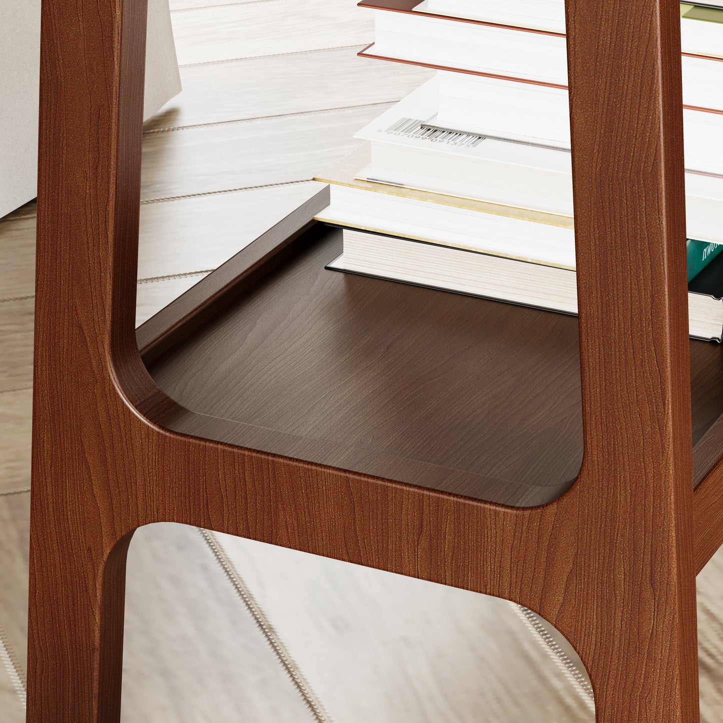Rich walnut wood accent table with smooth curved edges and a minimalist design