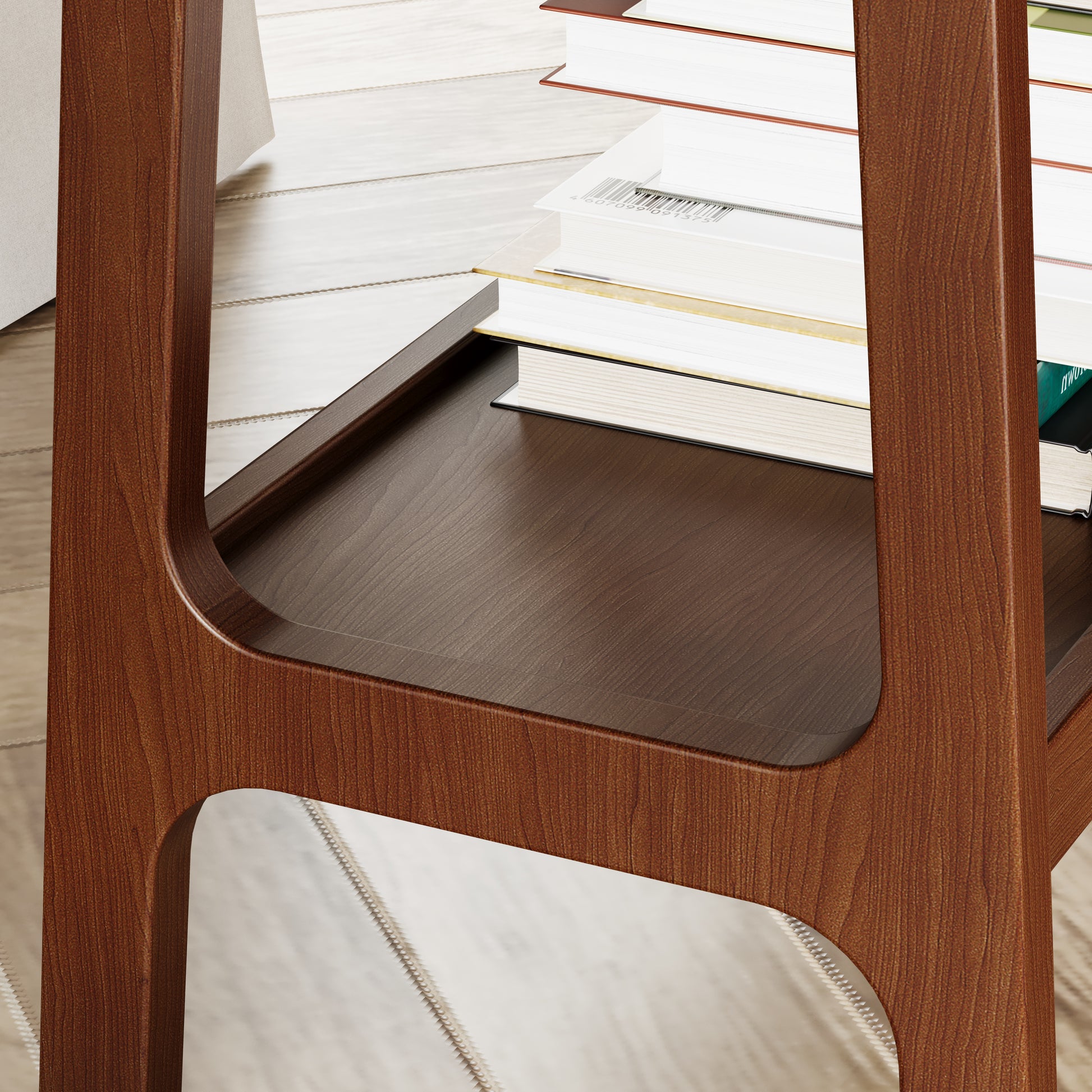 Rich walnut wood accent table with smooth curved edges and a minimalist design