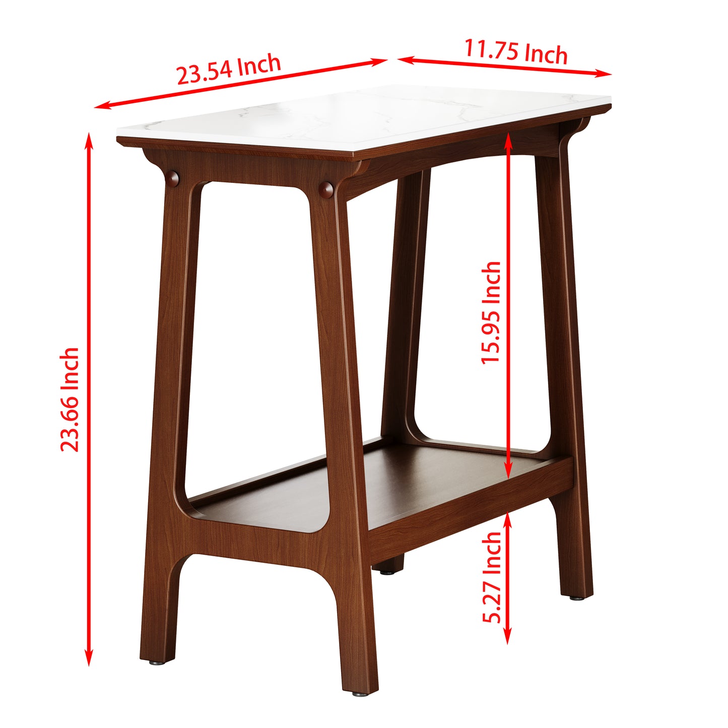 Midcentury modern side table with white marble top and walnut finish legs