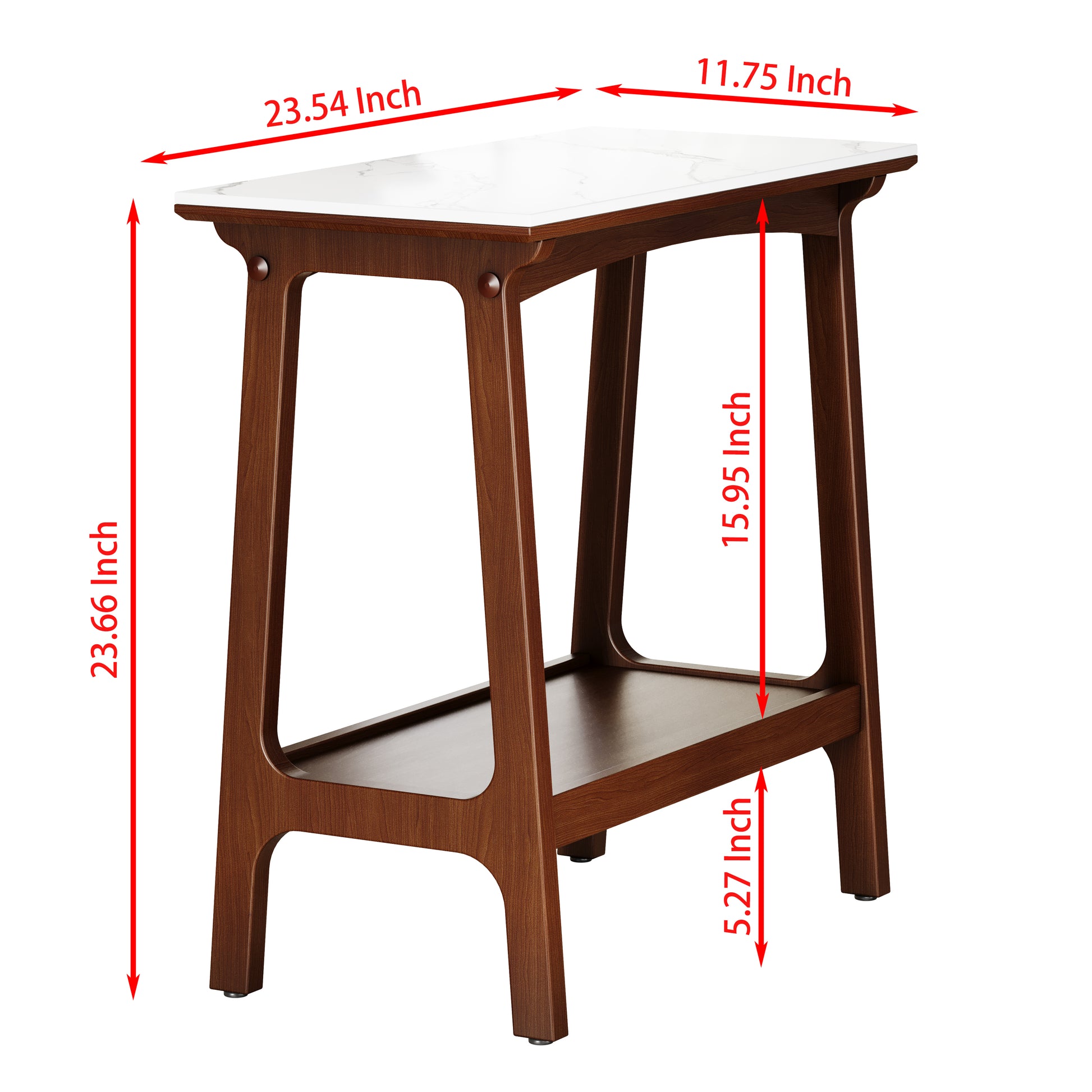 Midcentury modern side table with white marble top and walnut finish legs