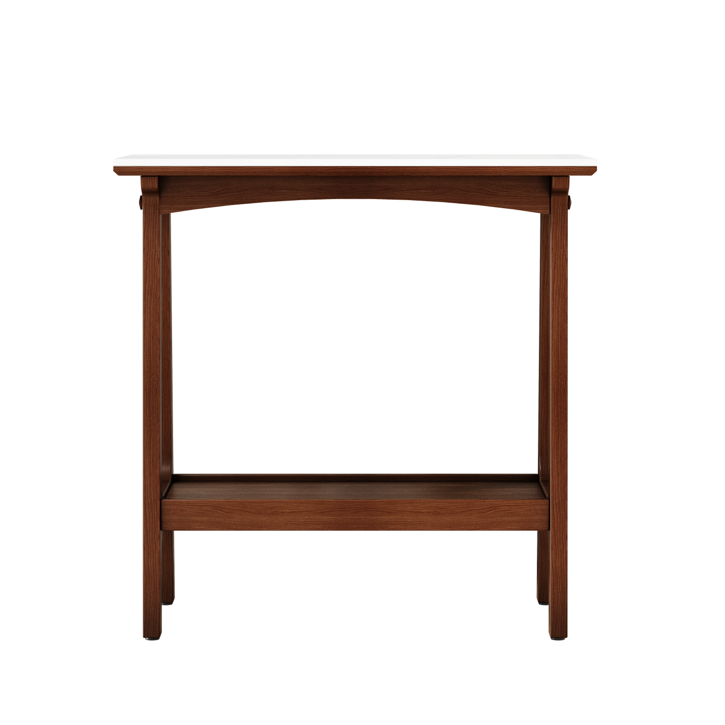A white marble top console table with a dark wood frame and lower shelf