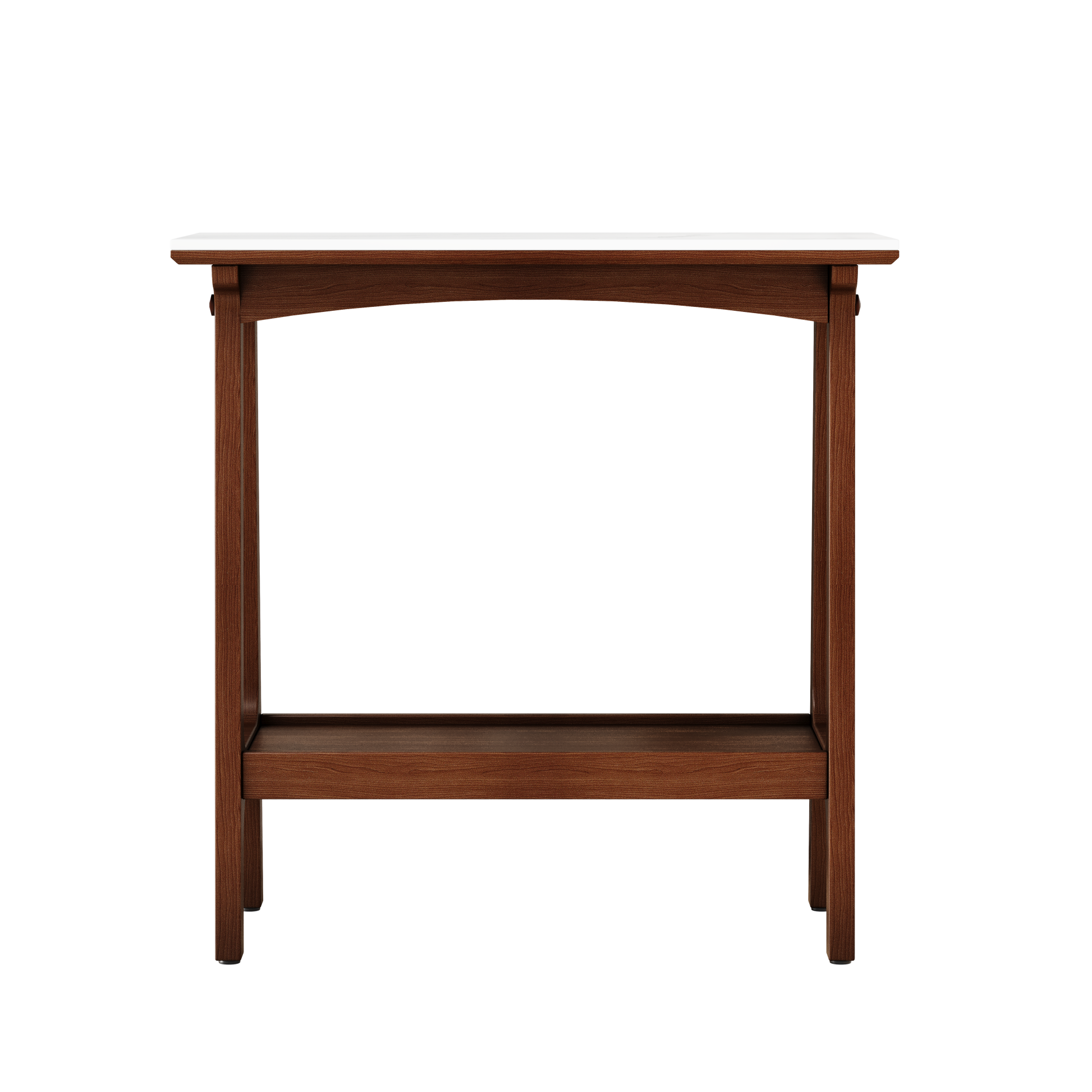A white marble top console table with a dark wood frame and lower shelf
