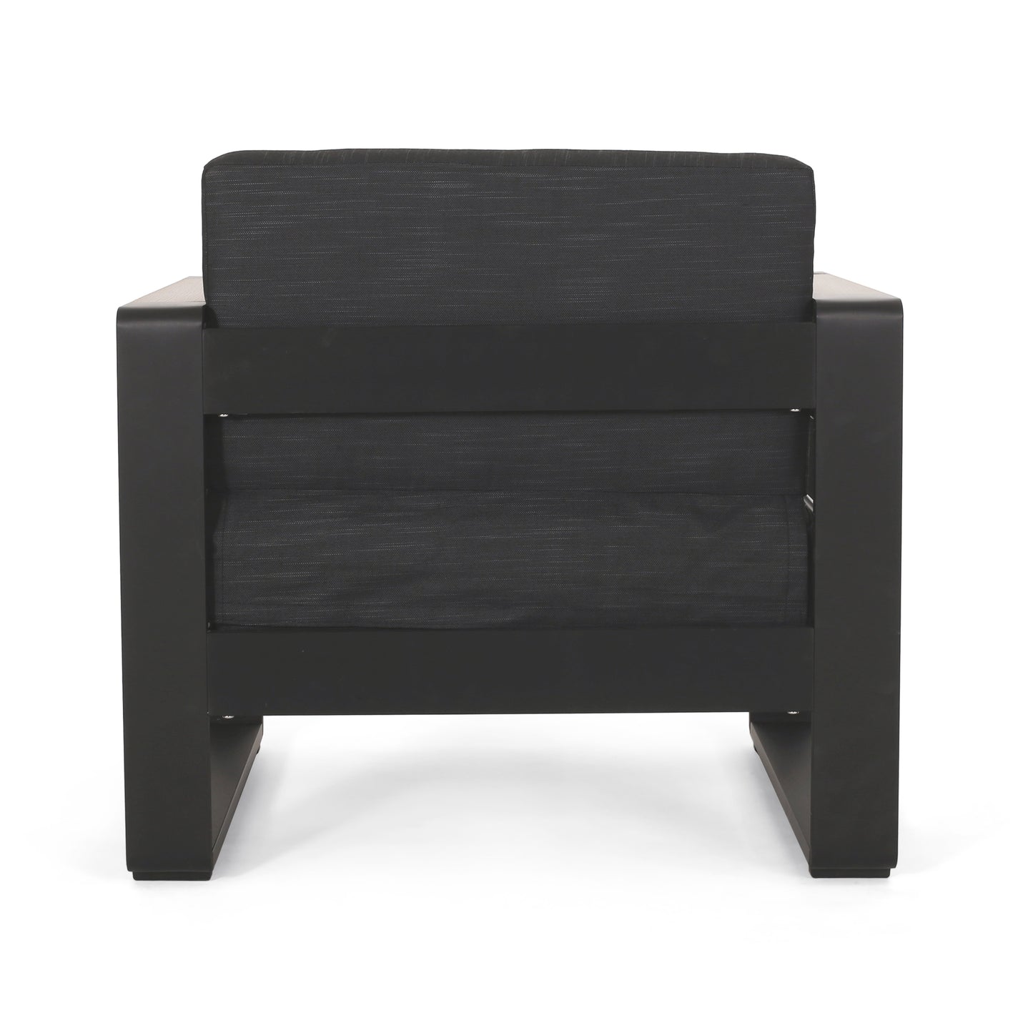 Modern black outdoor armchair with textured grey cushions aluminum frame