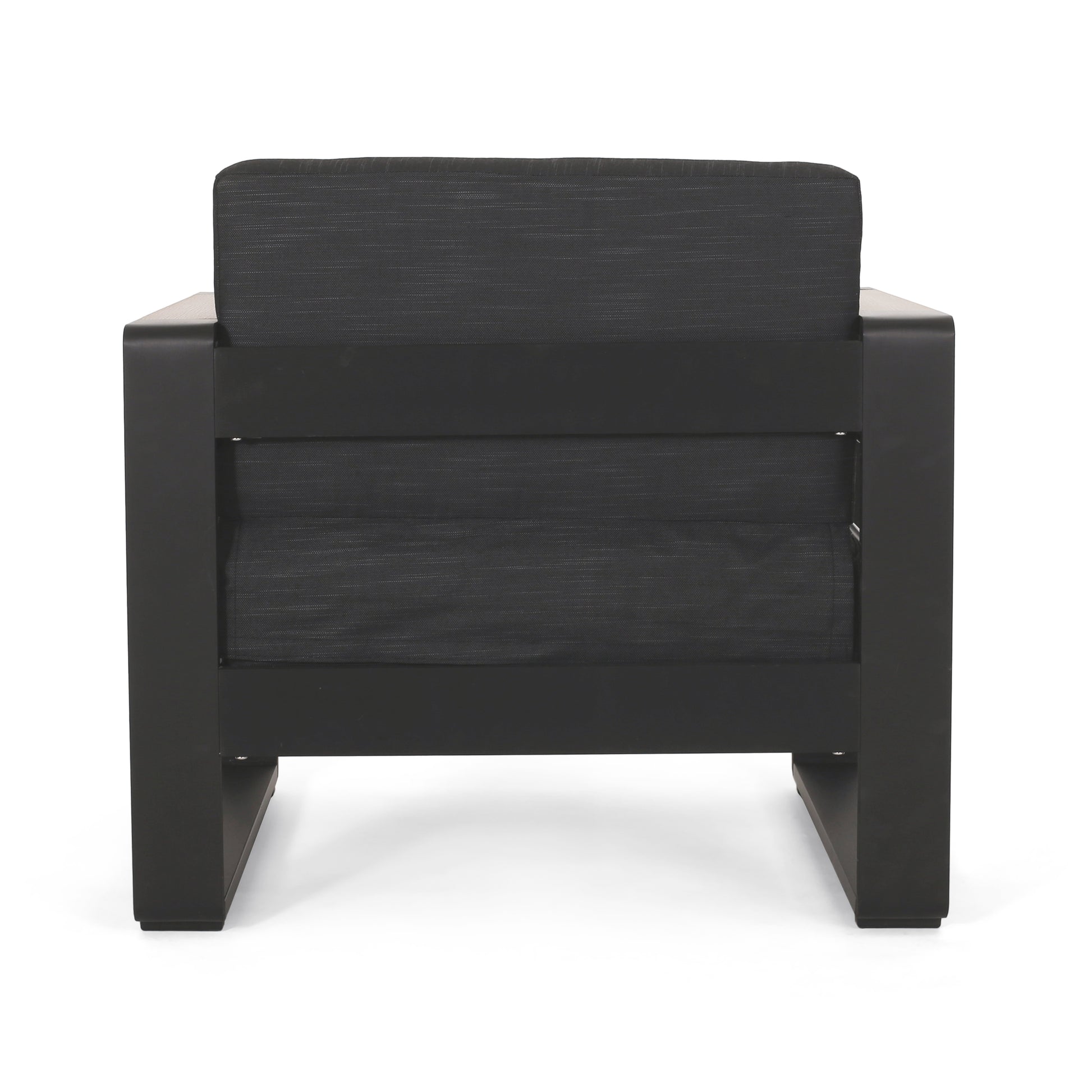 Modern black outdoor armchair with textured grey cushions aluminum frame