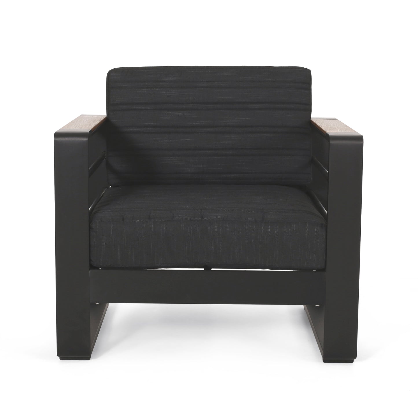 Modern black armchair with charcoal fabric cushions and oak wood armrests