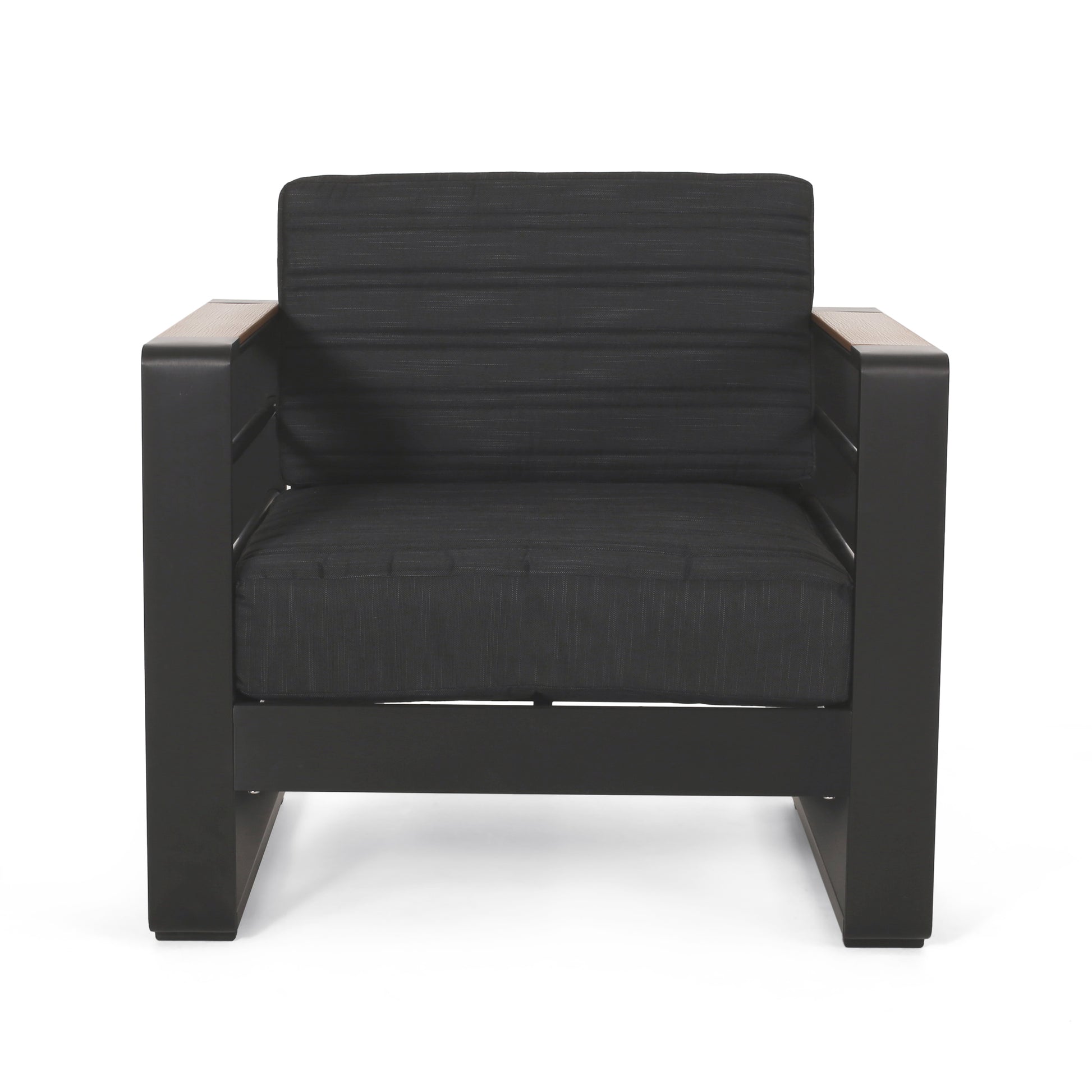 Modern black armchair with charcoal fabric cushions and oak wood armrests