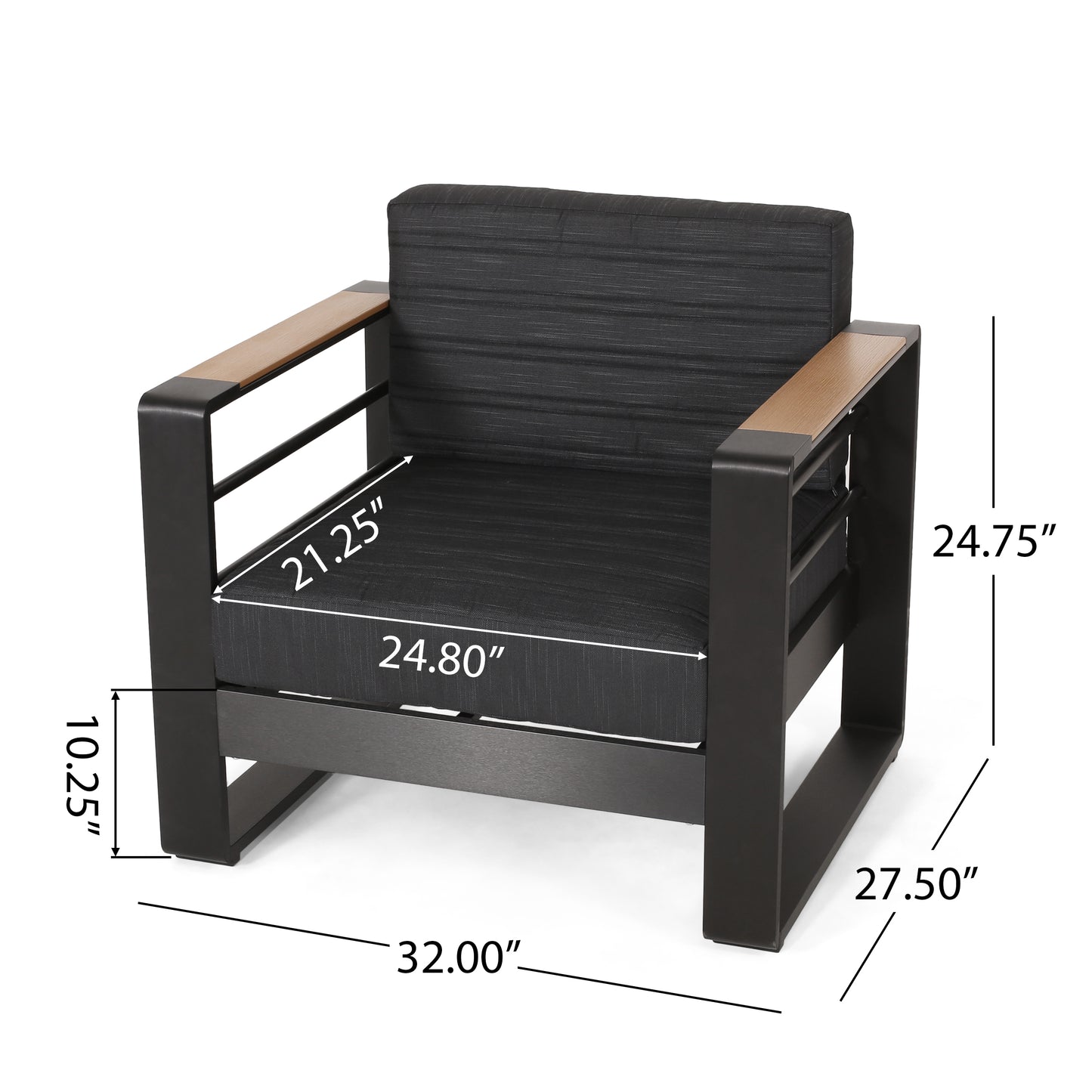 Black outdoor armchair with gray fabric cushions and natural wood armrest accents