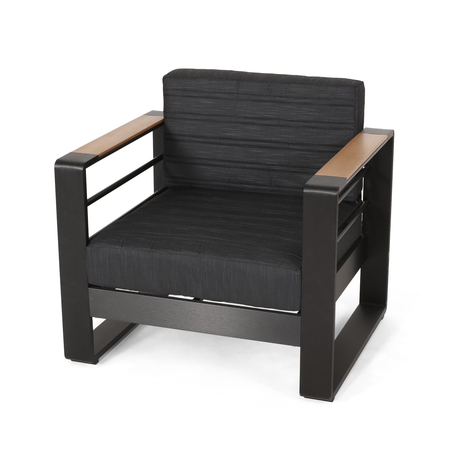 Modern charcoal armchair with oak armrest accents perfect for patio seating