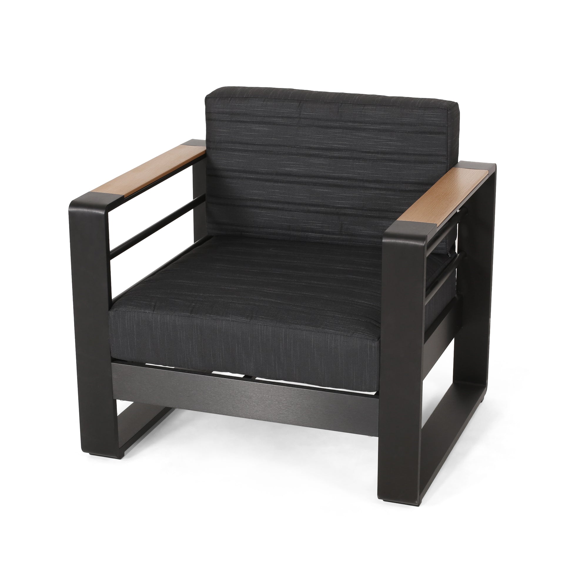 Modern charcoal armchair with oak armrest accents perfect for patio seating